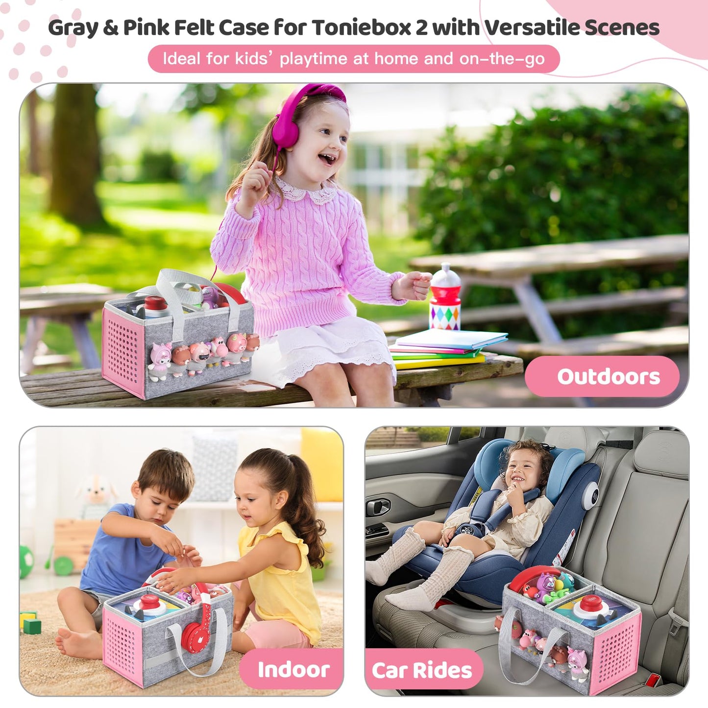 Carrying Case for Toniebox Starter Set and Tonies Figurines, Travel Felt Cloth Musical Toy Folding Bag for Toniebox 2 & Accessories (Pink)
