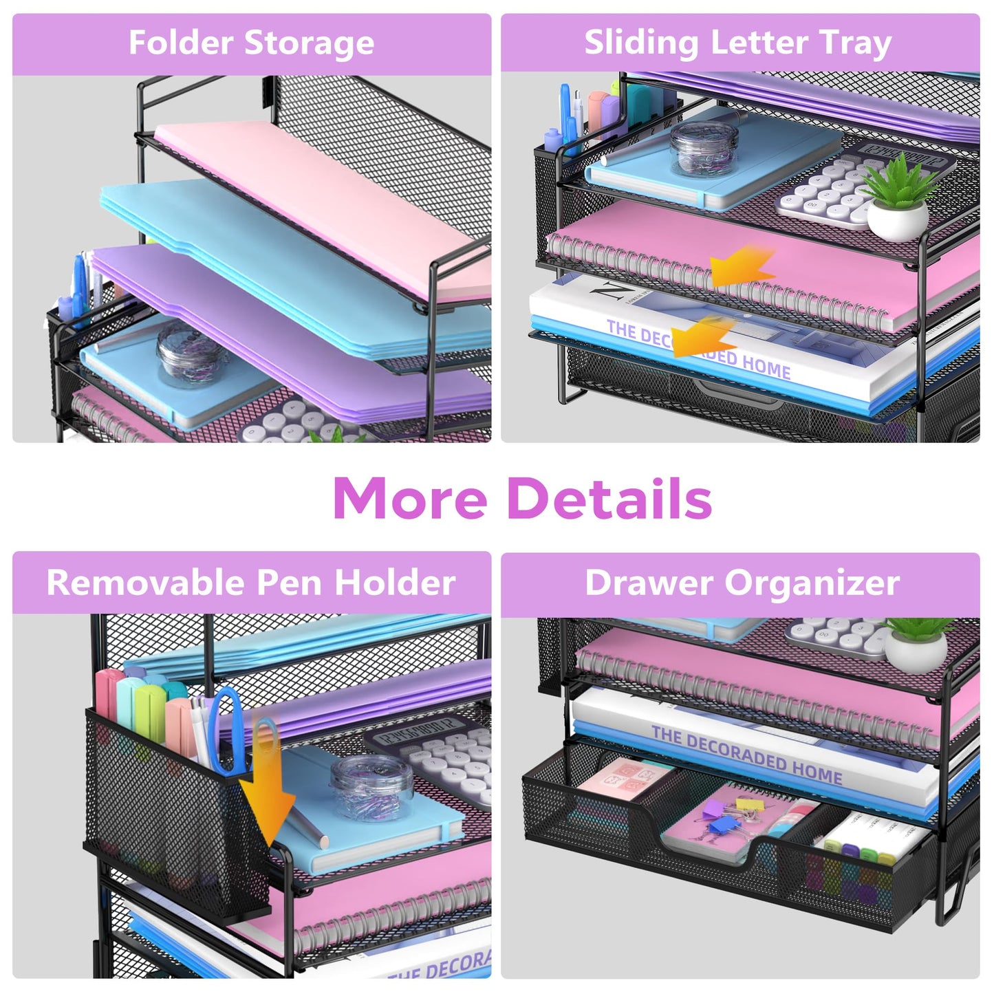 SUPEASY 7 Tier Desk Organizer with Drawer & Pen Holder, Heavy Duty Metal Letter Tray Paper File Organizer for Home Office School Classroom, Black