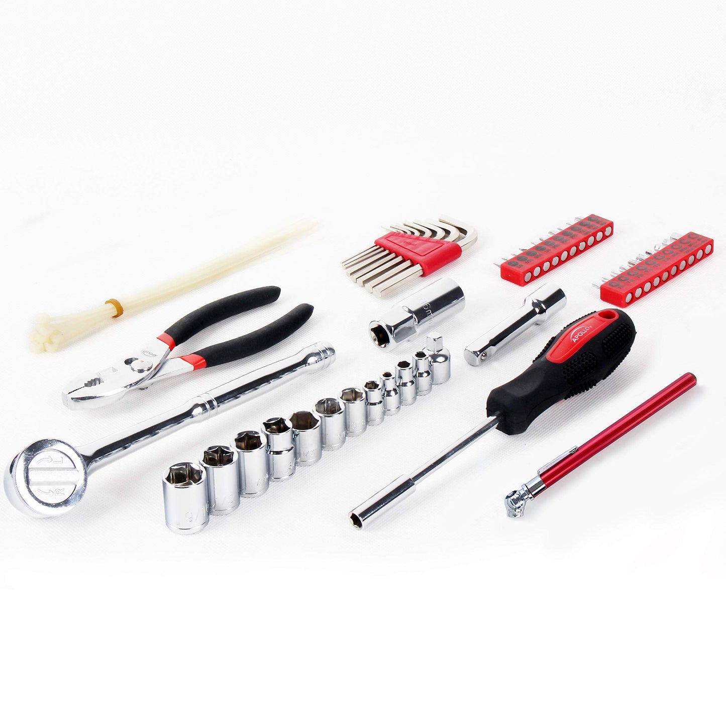 Apollo Tools 56 Piece Compact SAE Auto Tool Set in Zippered Case, Small Mechanic Tool Set for Car Emergency, Motorcycle Repair on the Road, Great for Travel Tool Needs - Red - DT9774