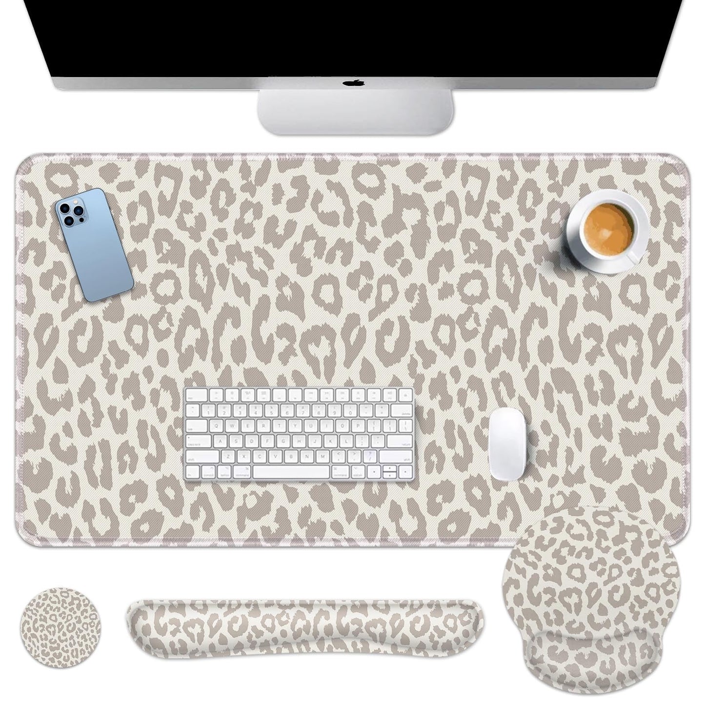 Arttown Leopard Light Khaki Desk Mat Animal Skin Mouse Pad Set 4 in 1 Ergonomic Design Large Desk Pad + Keyboard Wrist Rest + Mouse Wrist Rest + Coaster Suitable for Home Office Study Game