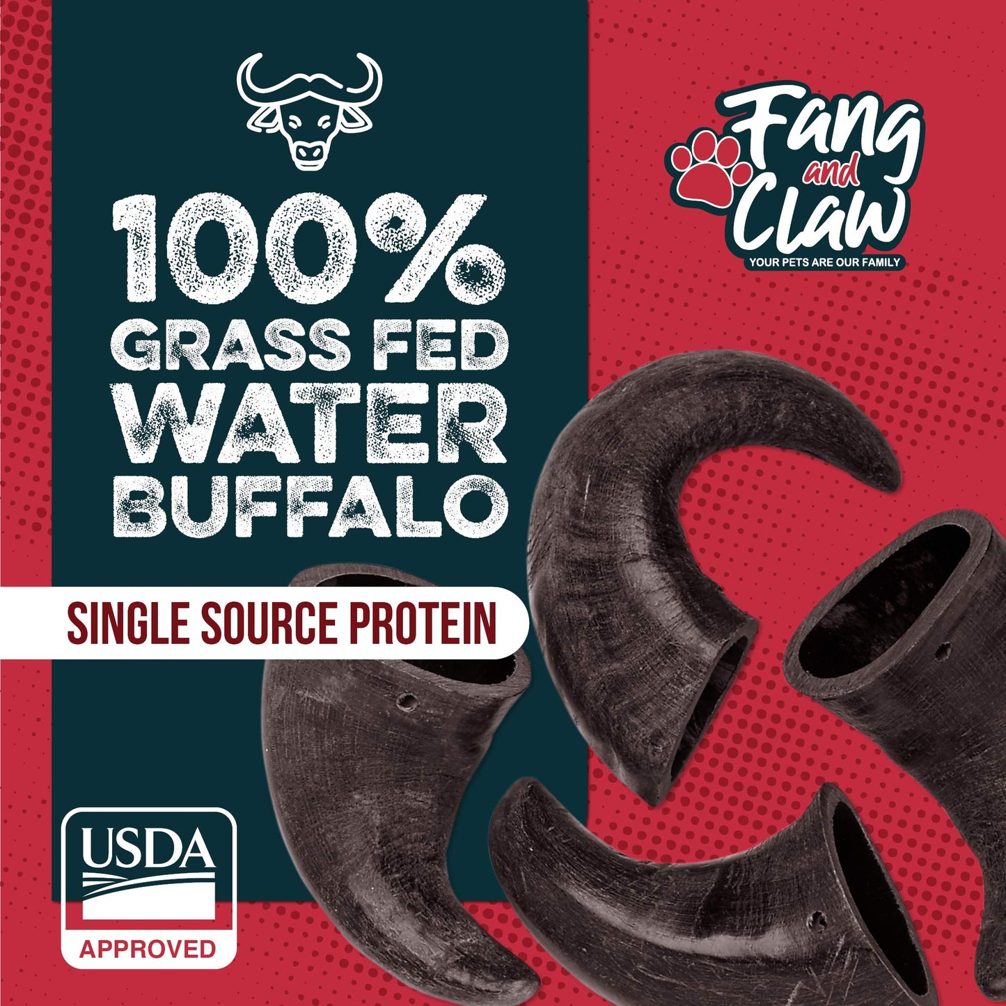 Fang and Claw Water Buffalo Horn Dog Chew 4 Pack (Medium 6 Inch), Long-Lasting Natural Chews for Aggressive Chewers, Single-Ingredient, No Rawhide