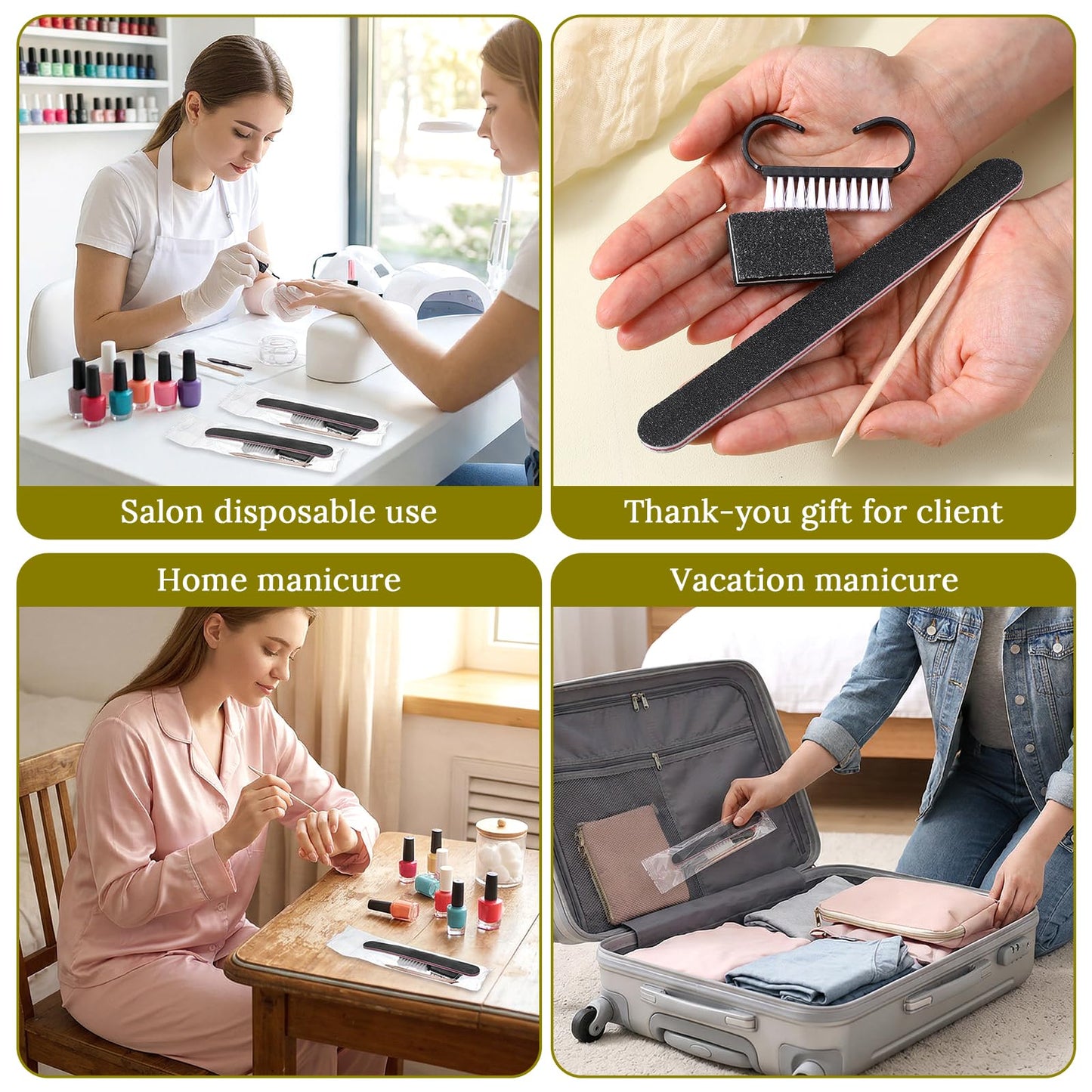 100 Sets Black Disposable Manicure Kit 4-in-1 Nail Kit for Business, Handle Grip Brush, Mini Nail Buffer Nails File and Wood Stick for Gifts Salon Professional