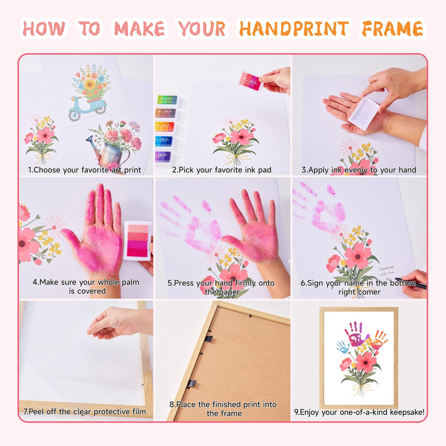 CHERRY CHEERS Flower Bouquet Handprint Art Kit, 3 Special Unique Sheets with Floral Design, DIY Keepsake Craft Gift, Meaningful Christmas or Thanksgiving Gift, 6 Colors Non-toxic Inkpads