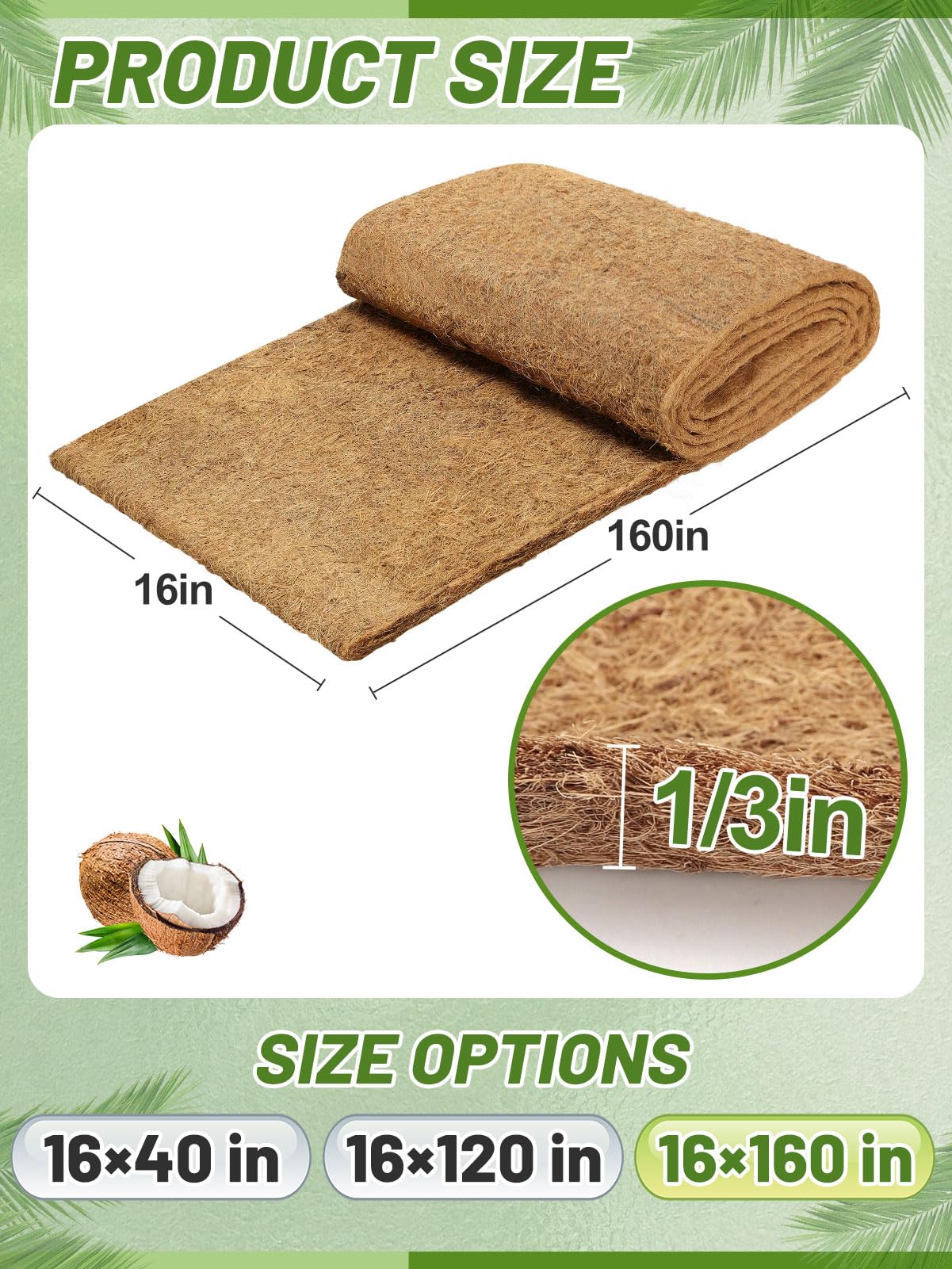 16'' x 160'' Natural Coco Liners for Planters - Coconut Fiber Hanging Basket Liner for Window Box Raised Bed Liner Garden Decoration Reptile Carpet