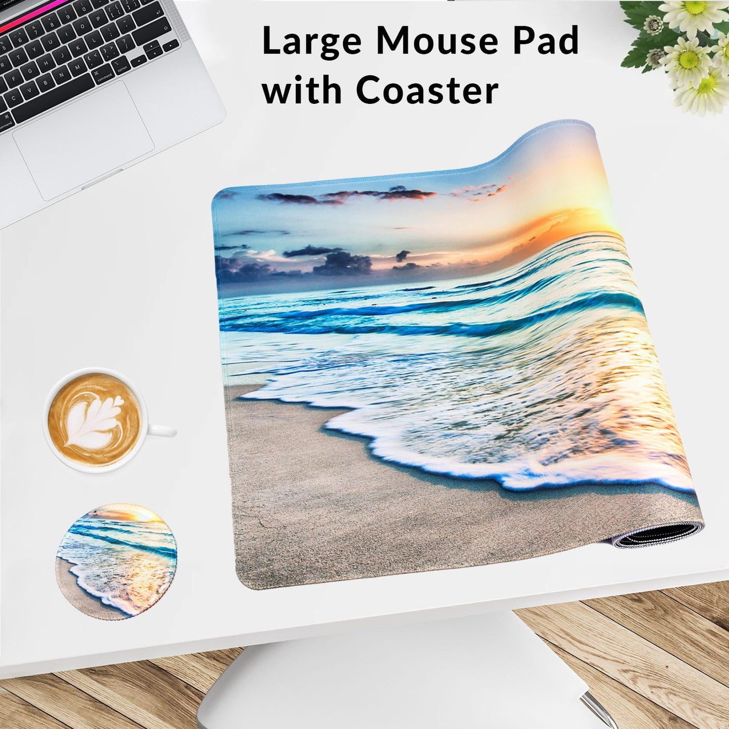 Large Gaming Mouse Pad with Coaster, Desk Matt for Desktop, Desk Pad, Mouse Pads Mat, Stitched Edges Big Extended Mousepad for Computer Keyboard Laptop Office Decor, 31.5'' x15.6''-Beach