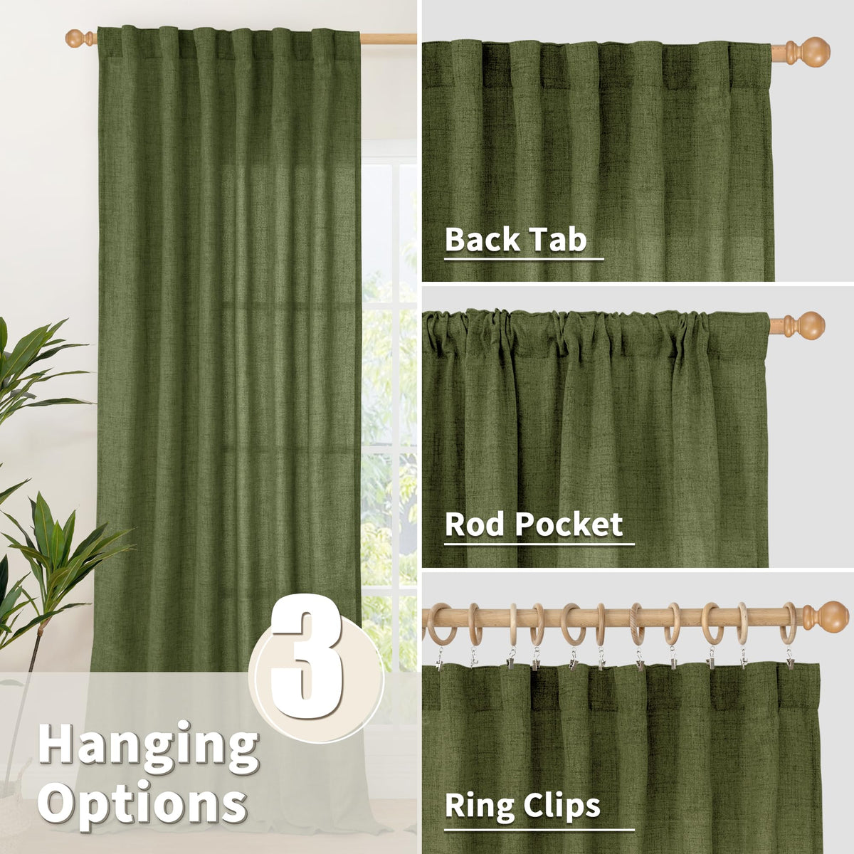 Dark Green Linen Curtains 90 Inch Length for Living Room (2 Count)