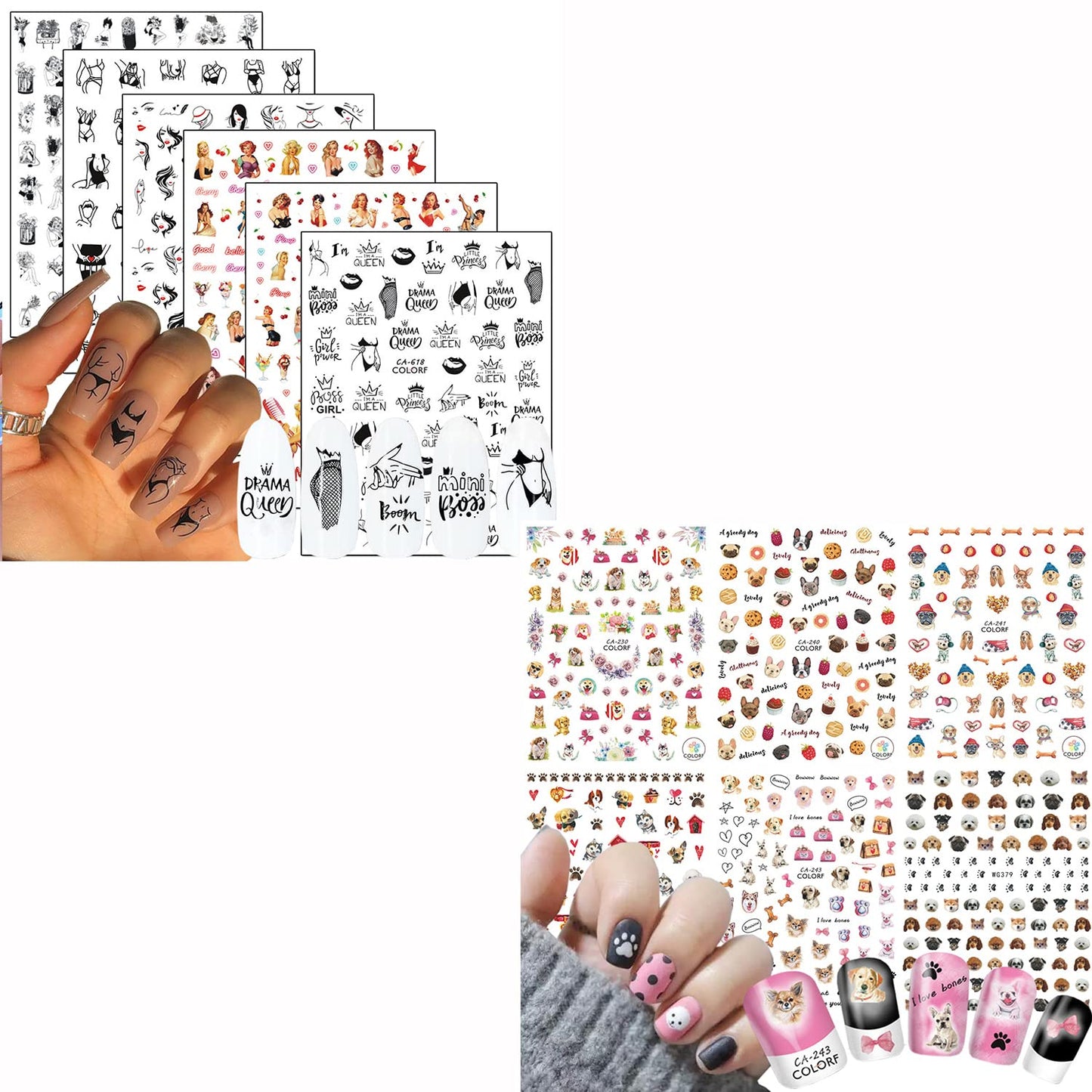 6 Sheets Sexy Girls Nail Stickers and 6 Sheets Dog Nail Stickers