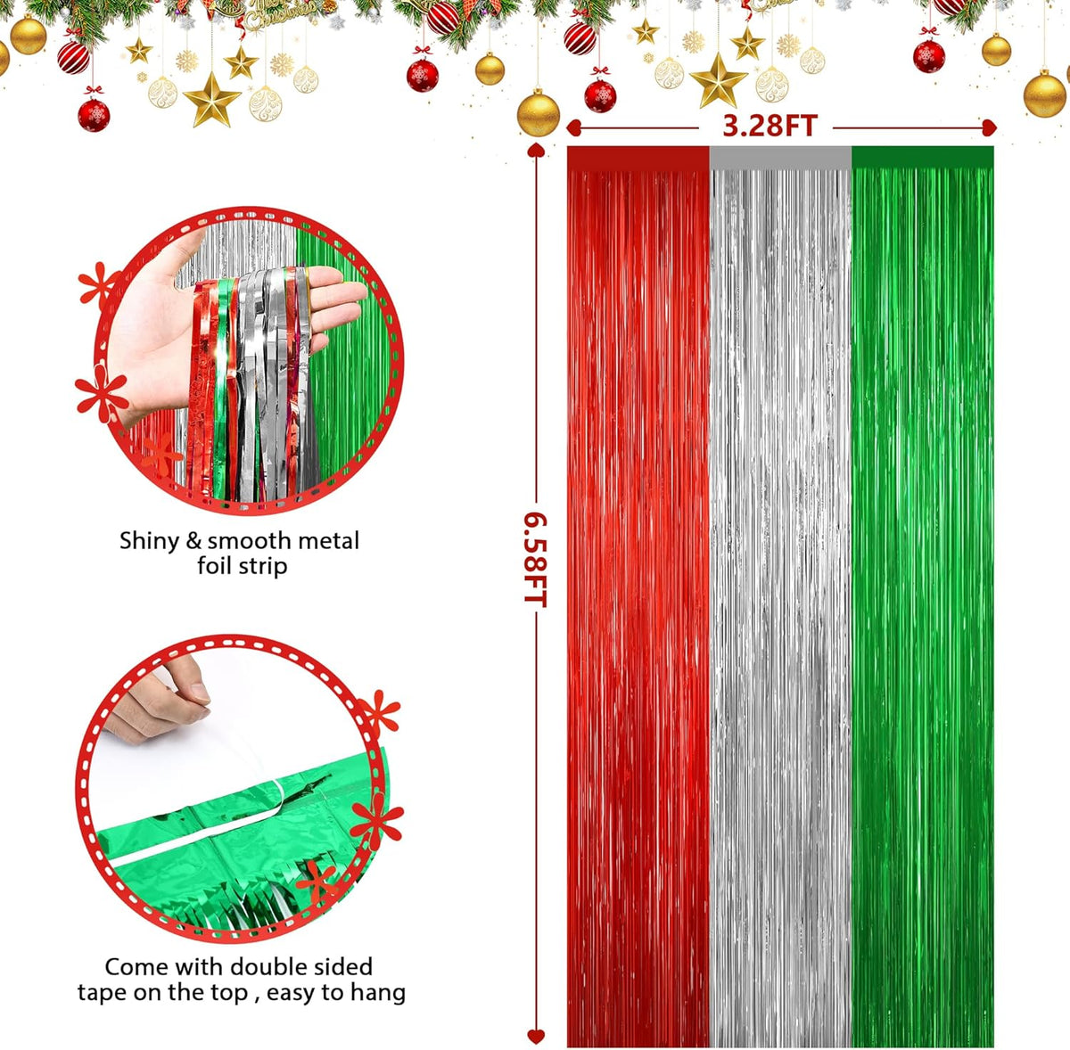 2 Pack Red Silver and Green Metallic Tinsel Foil Fringe Curtains, Door Streamers Photo Booth Backdrop for Birthday Party, Tinsel Curtain Backdrop for Christmas Theme Party Decorations