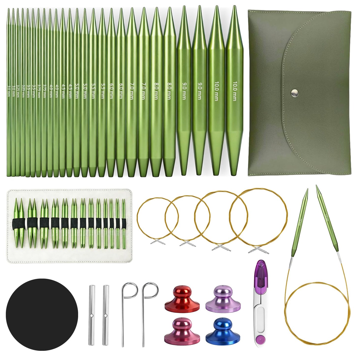 TRILVIX Knitting Needles Set, 13 Pairs Aluminum Interchangeable Circular Knitting Needles Set 4 Inch with 4 Cables, Accessories and Storage Bag for Multiple Knitting Projects Green