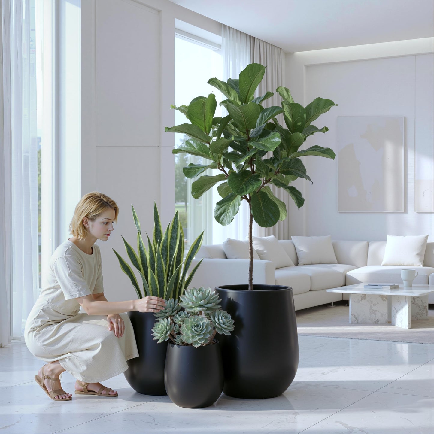 DTY Premium Mt Wilson Tall Tapered Fiberstone Planter for Indoor Outdoor Use, Modern Large Olive Tree Pot with Drainage Hole, Includes 2 Coco Mats. Black, Medium 15'' D x 16.7” H. 11.2” Pot Opening