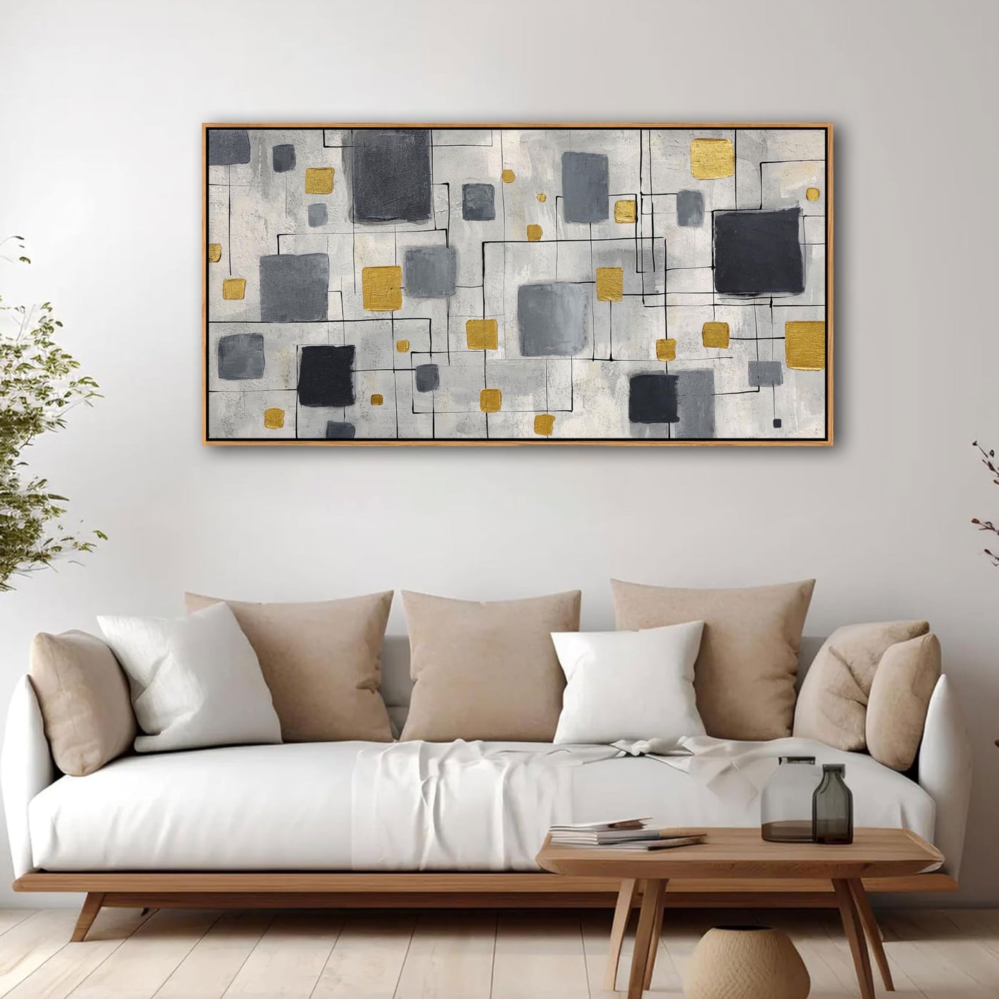 KLAKLA Modern Abstract Wall Art Poster - Black Gold Gray Neutral Decor for Living Room, Bedroom & Office, Unframed, Minimalist Abstract Design 40x20 Inches