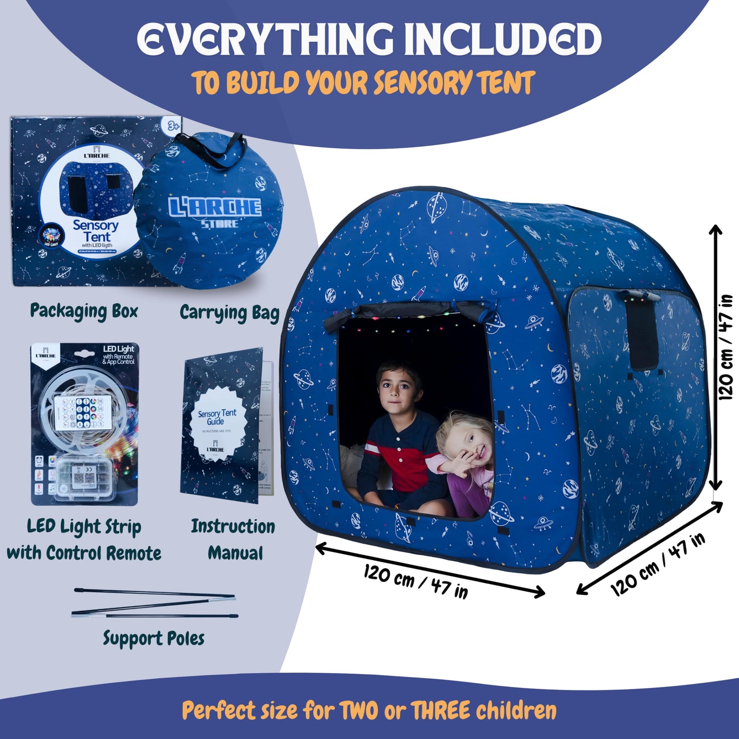 L’ARCHE Sensory Tent for Kids with LED Lights & Remote Blackout Pop-Up Calm Down for Autism, ADHD & SPD Indoor Sensory Room Play Tent Foldable & Portable (Space Theme, Big 47.2 inches)