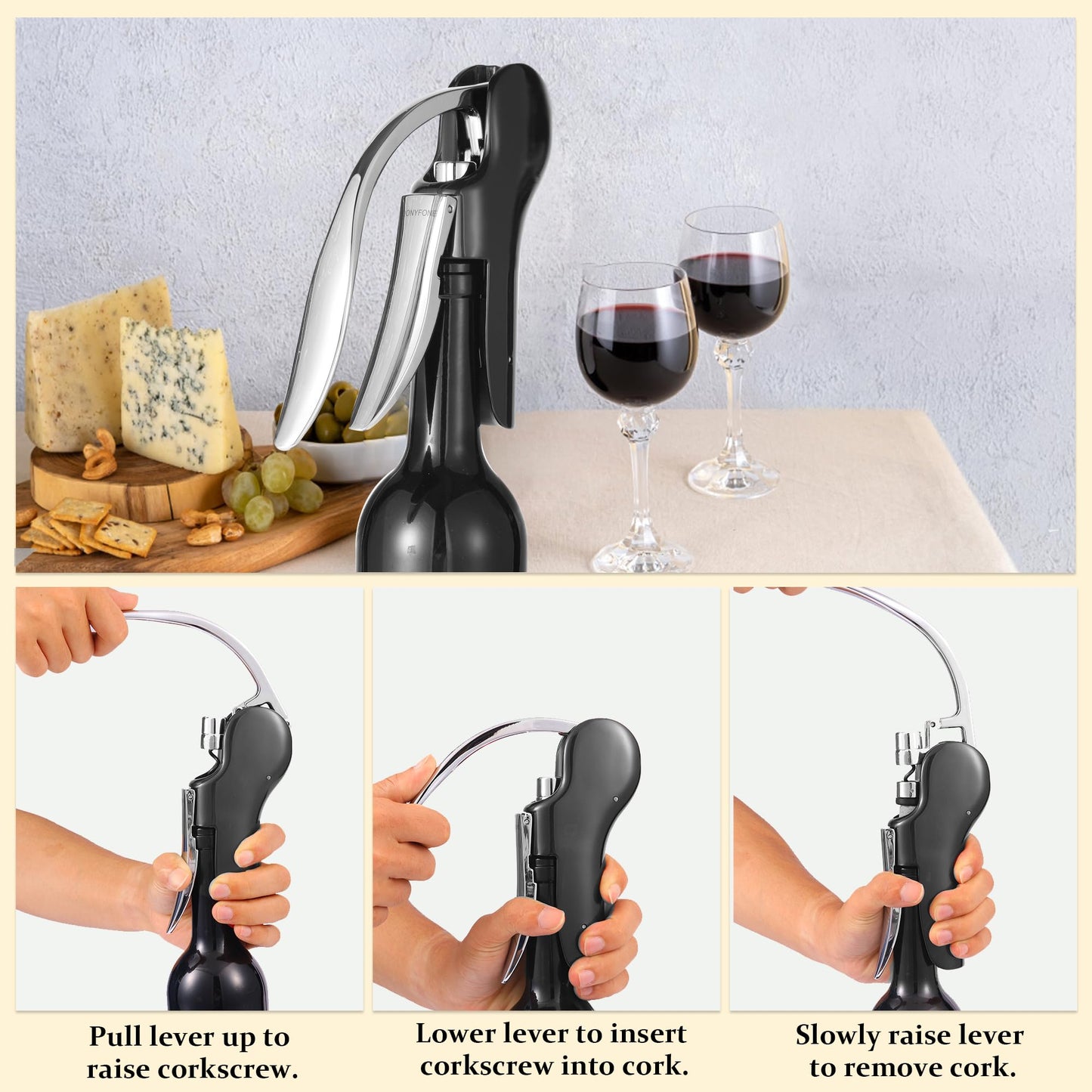 QONYFONE Wine Bottle Corkscrew Opener, Vertical Lever Corkscrew 5-Piece Set, Manual Vertical Design, Includes Wine Foil Cutter, Extra Spiral, Wine Pourer and Wine Stopper, Elegant Gift Box, Black