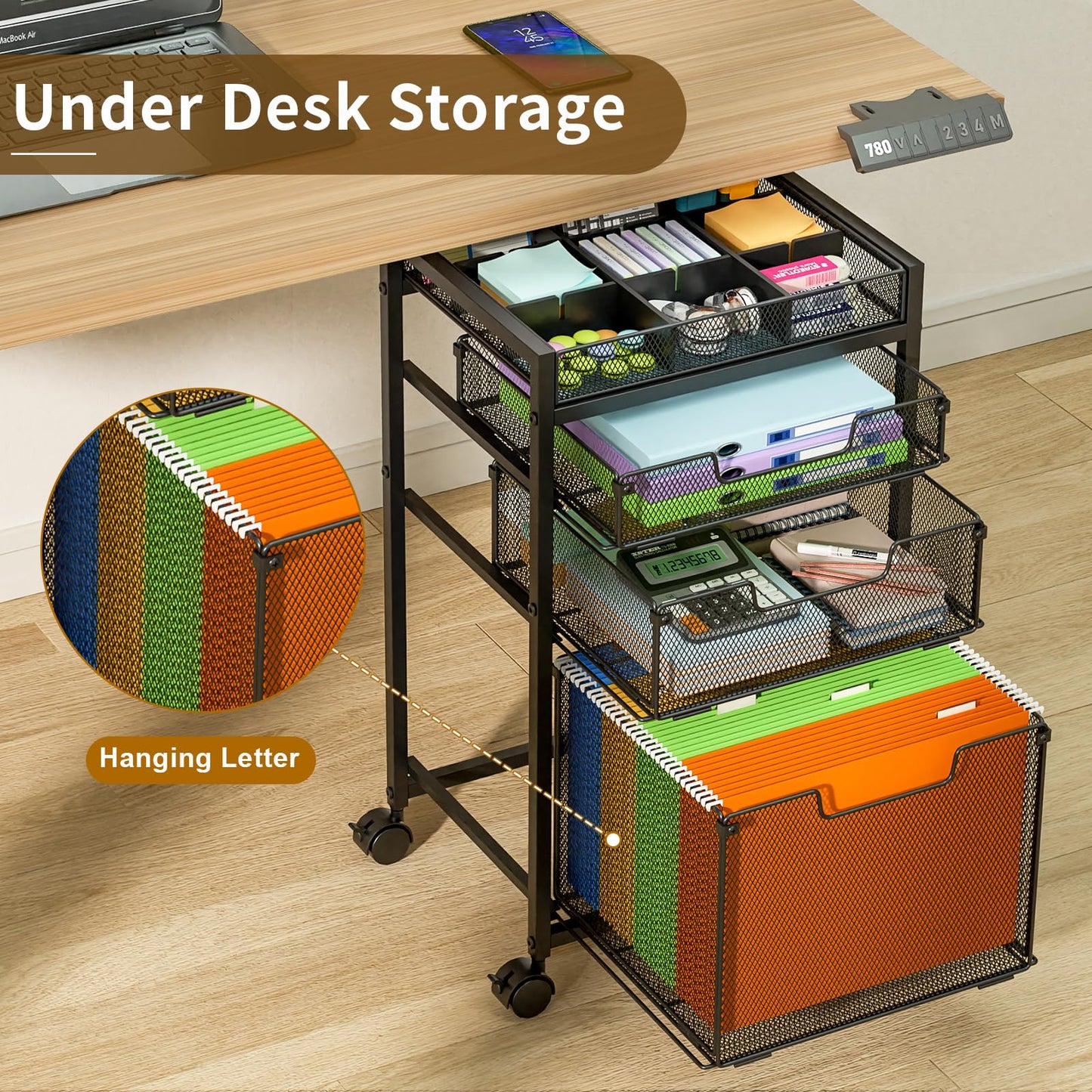 Rolling File Cart with 3 Storage Drawers, Under Desk Filing Cabinet with DIY Divider, Hanging File Folder Organizer on Wheels, Fits A4/Letter Size, Metal Utility Cart for Home Office, Black