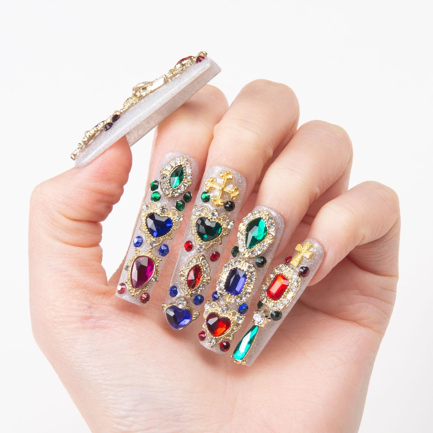 LOVFUL Press on Nails Treasure Trove Rhinestone | Handmade with Full Covered Crystals | Reusable Full Cover Nails | Square Mid length 1.7 in | H103-M