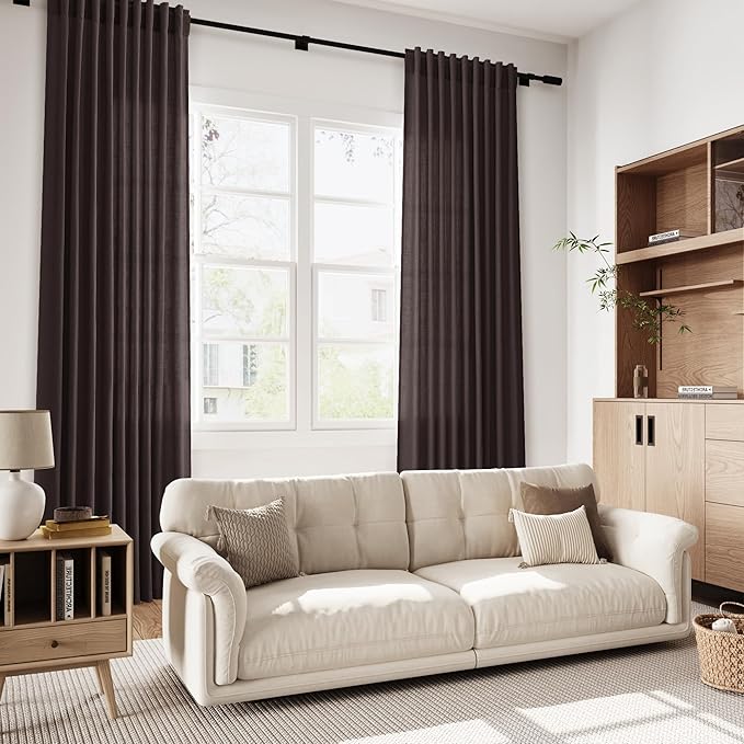 Nanspring Cocoa Coffee Curtains 102 Inches Long, Back Tab Linen Blend Light Filtering Semi Sheer Privacy Drapes for Living Room & Bedroom, 52x102 inch, 2 Panels