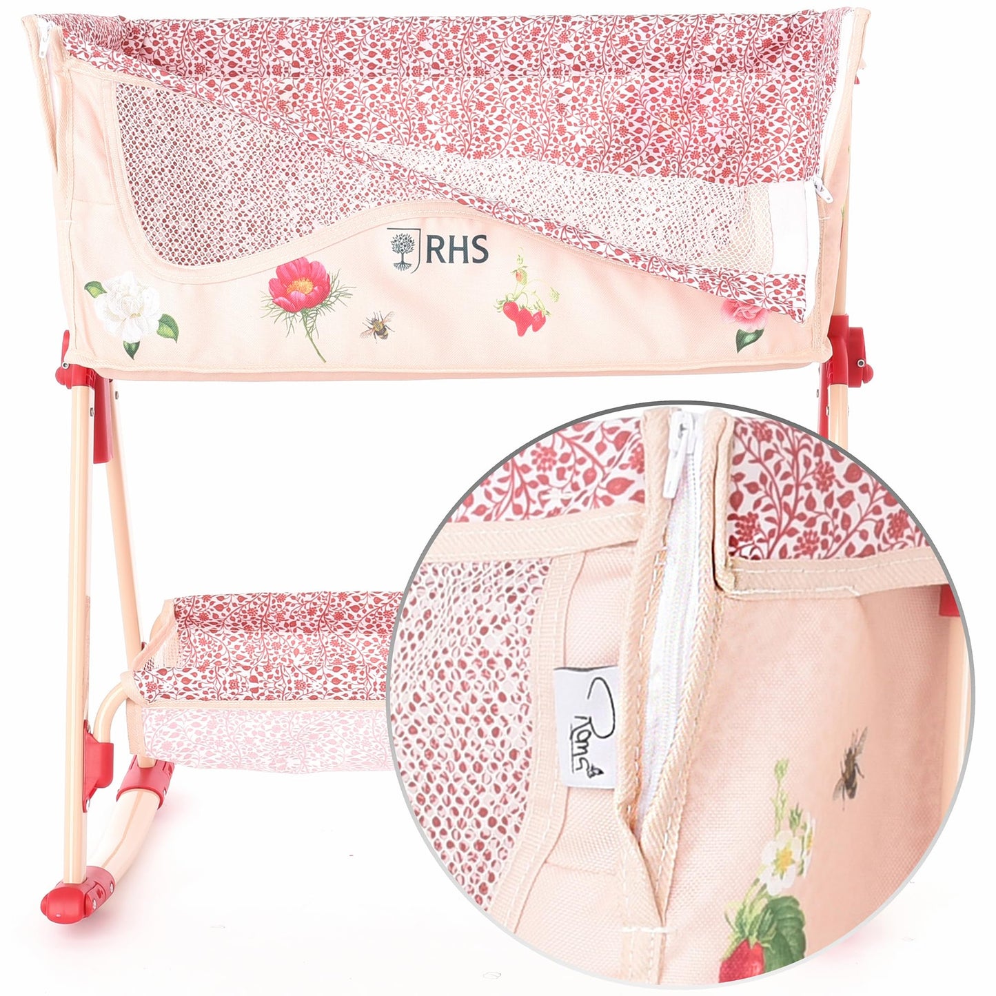 Roma Prams: RHS Doll Bedside Crib - Flora - Cream & Red, Rocking & Stationary, Bedtime Accessory, Adjustable Height, Storage, Roleplay Toy, Kids 3+