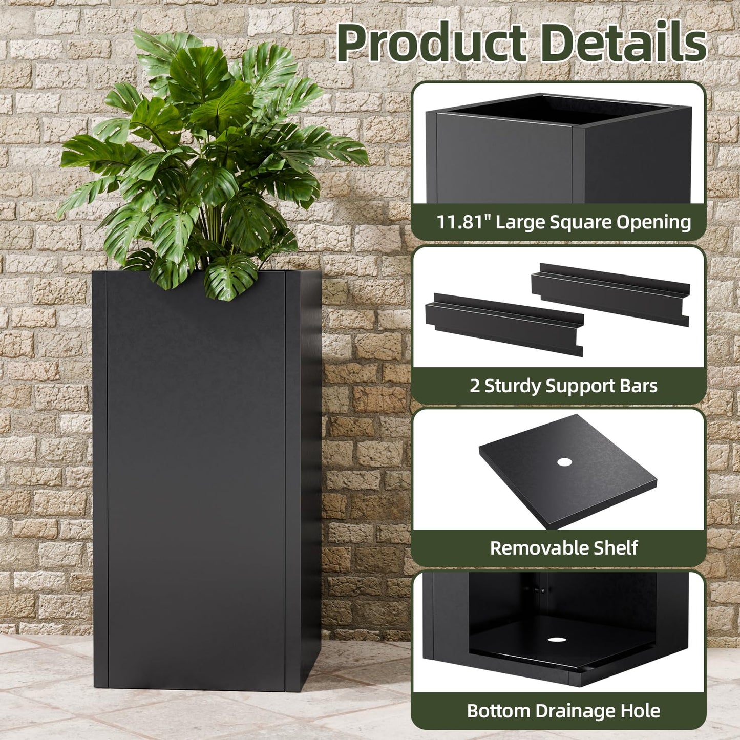 Diyfire Black Tall Metal Planters Box for Outdoor Plants 6 Pack- 23.6" H Steel Tall Square Planter with Removable Insert Shelf, Modern Heavy Duty Pedestal Planter Front Porch Decor Patio Garden