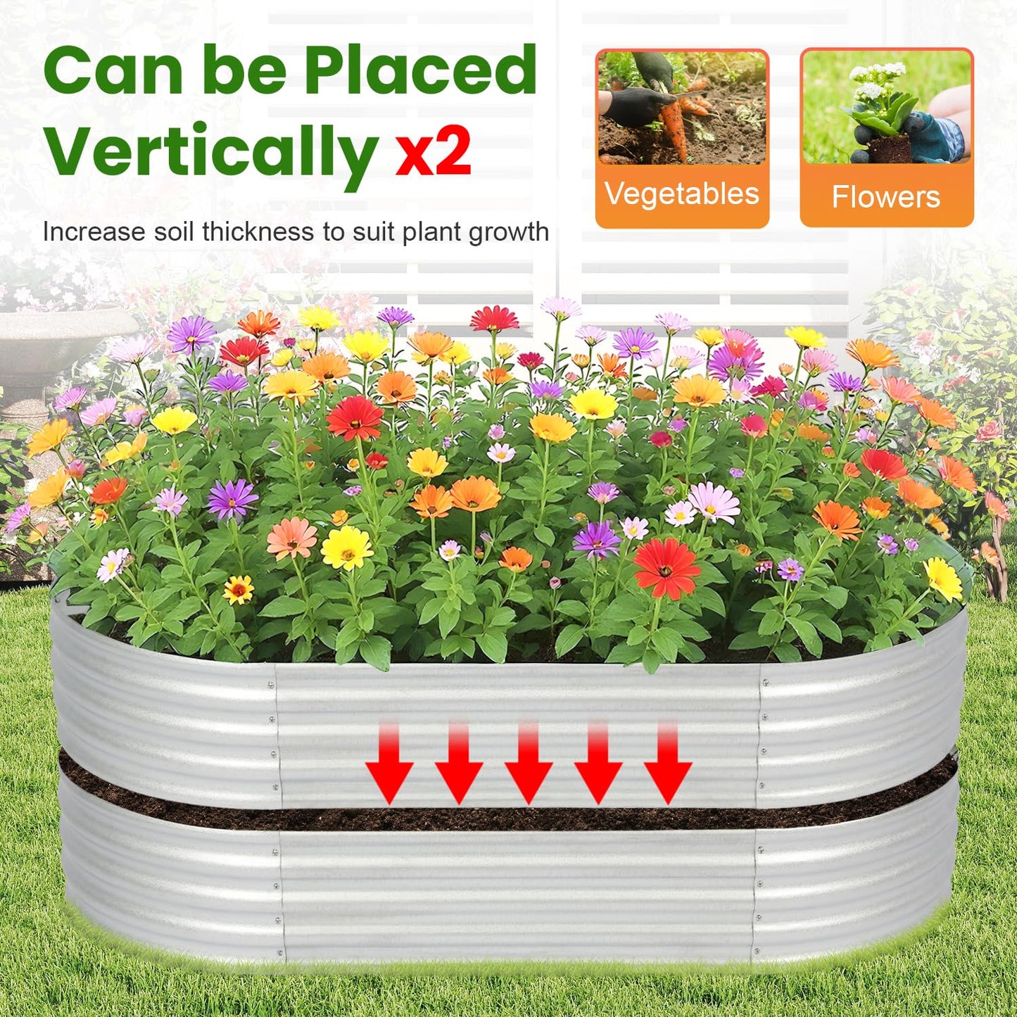 PayLessHere 6x3x1FT Galvanized Garden Bed, Outdoor Elevated Raised Garden Bed Vegetables Flowers Garden Bed Galvanized Steel Garden Planter Box, Oval Raised Bed Kit, Silver