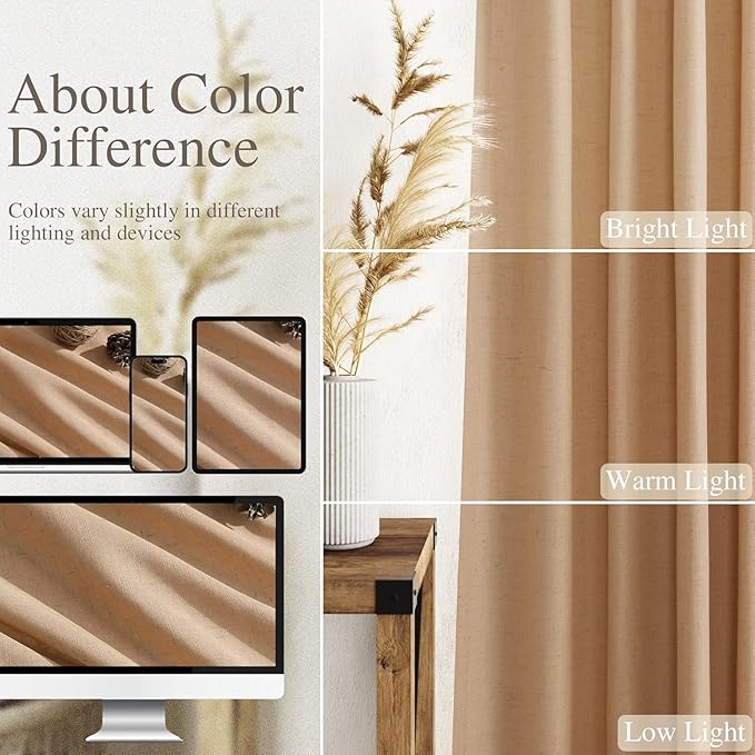 Nanspring Camel Linen Curtains for Living Room Extra Long 144 Inches Long Back Tab Light Filtering Semi Sheer Curtain Vintage Rustic Decor Floor to Ceiling High Window for Bedroom 52x144, 2 Panels
