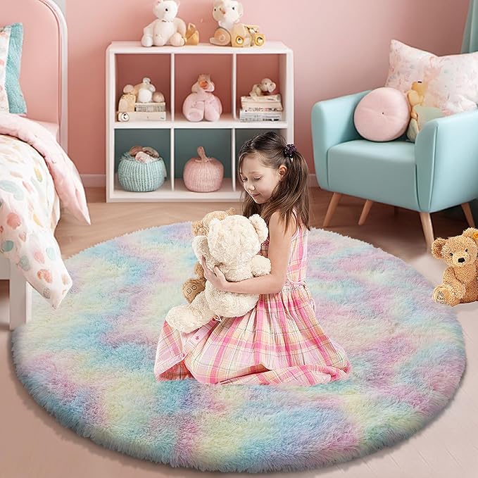 yulidayang Rainbow Fluffy Round Area Rugs for Bedroom,6'X6'Shag Circle Area Rugs for Girls Room,Non Slip Fuzzy Plush Rug for Kids Room Living Room and Dorm Home Decor Rug