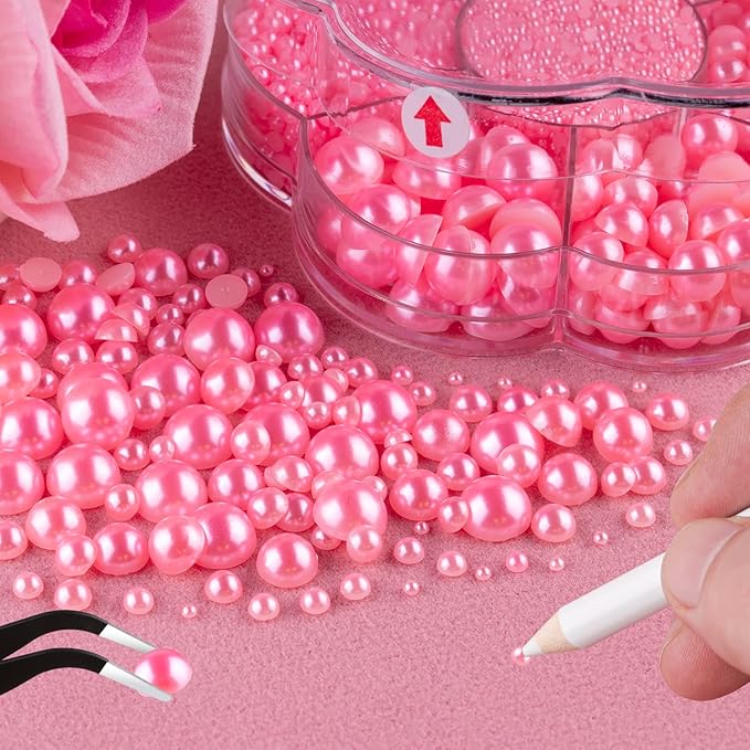 Nail Art Flat Back Half Round Pearl Kits 12, 1 Box of 6000 Pcs Flat-Back Pink Pearl with Tweezer and Picker Pencil for Home DIY Nails Body Face Craft and Salon Use