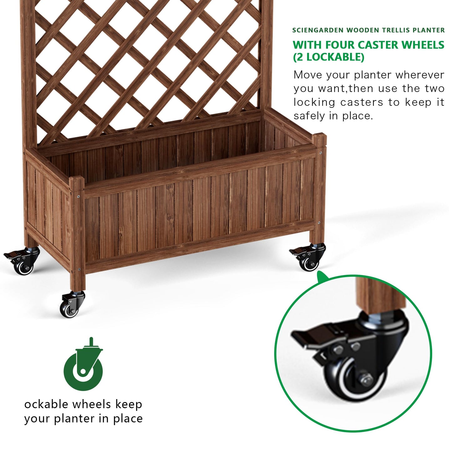 ScienGarden Upgraded 2-Pack 50" Tall Trellis Planter Box with Wheels, 49.8"H × 27.6"W × 13.0"D Solid Fir Wood Raised Garden Bed & Lattice Privacy Screen, Rolling Planter with Drainage for Patio/Garden