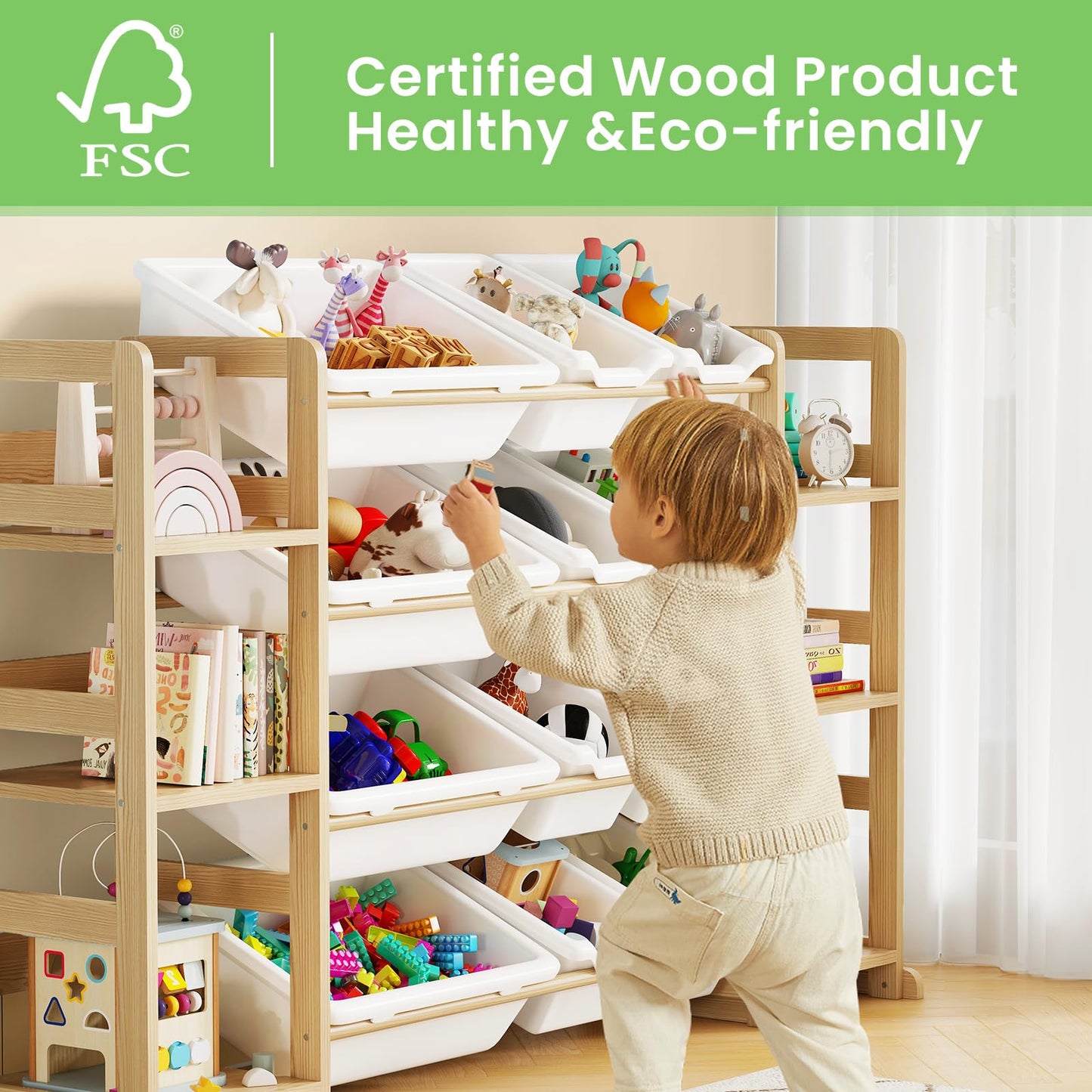 EXPERLAM Extra Large Toy Storage - Toy Storage Organizer, Wooden Toy Organizer with 6 Side Shelves and 12 Bins, 3-in-1 Bookshelf for Kids Rooms, Playroom, Nursery, White