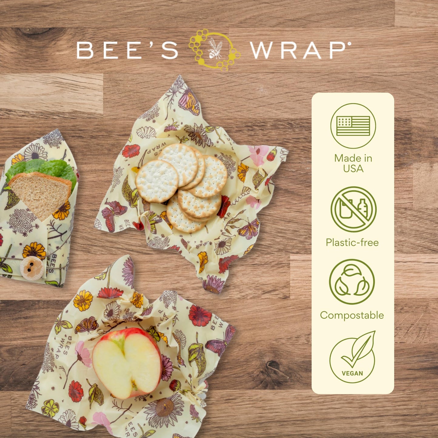 Bee's Wrap Vegan Beeswax Wraps for Food - 3 Pack of Assorted Beeswax Wraps - 2 Medium & Sandwich Wrap - Plastic Free Made in USA Reusable Natural Food Wrap - Meadow Magic