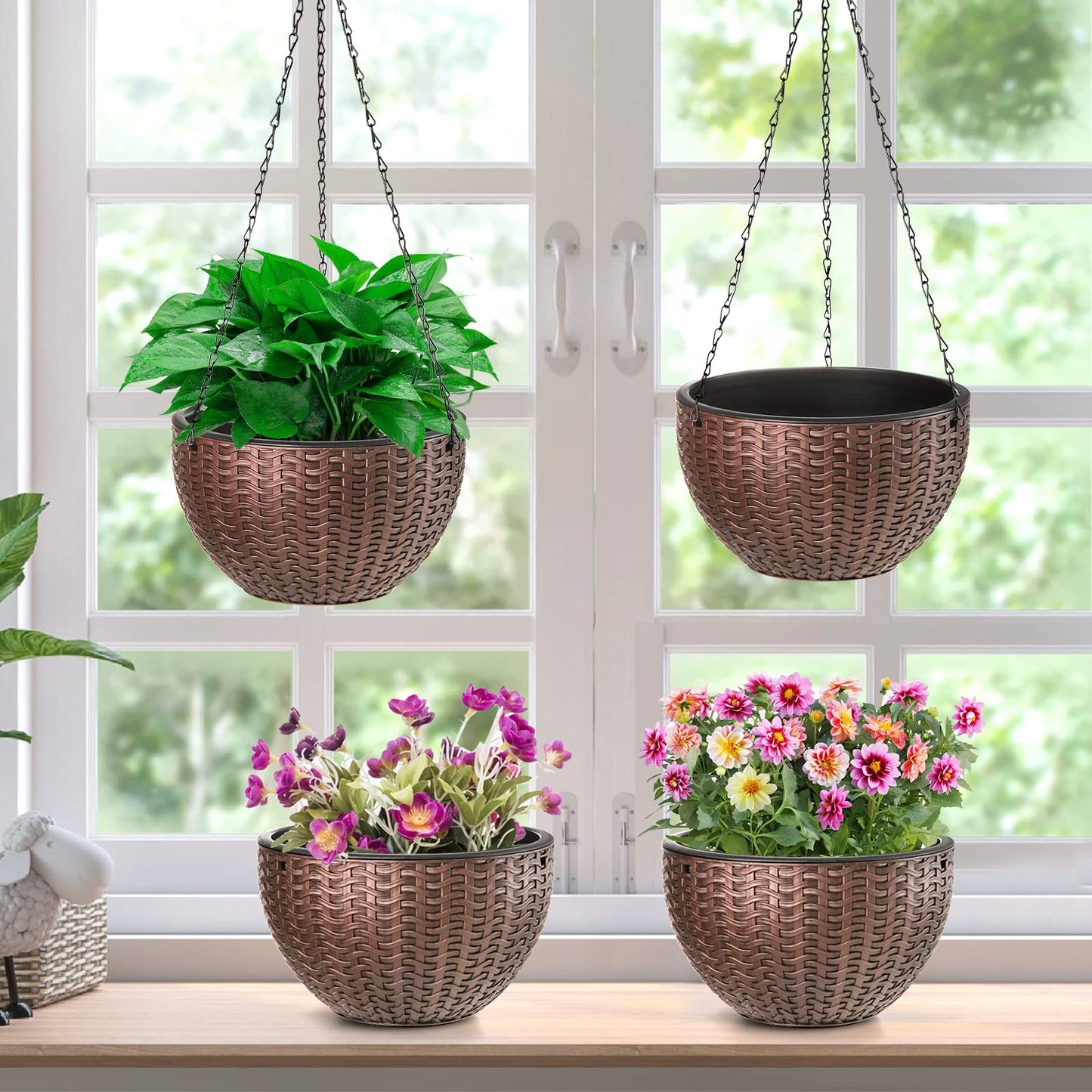 Foraineam 2-Pack Dual-pots Design Hanging Basket Planters Self-Watering Indoor Outdoor Plant & Flower Hanging Pots with Drainer and Chain, 2 Size Assorted