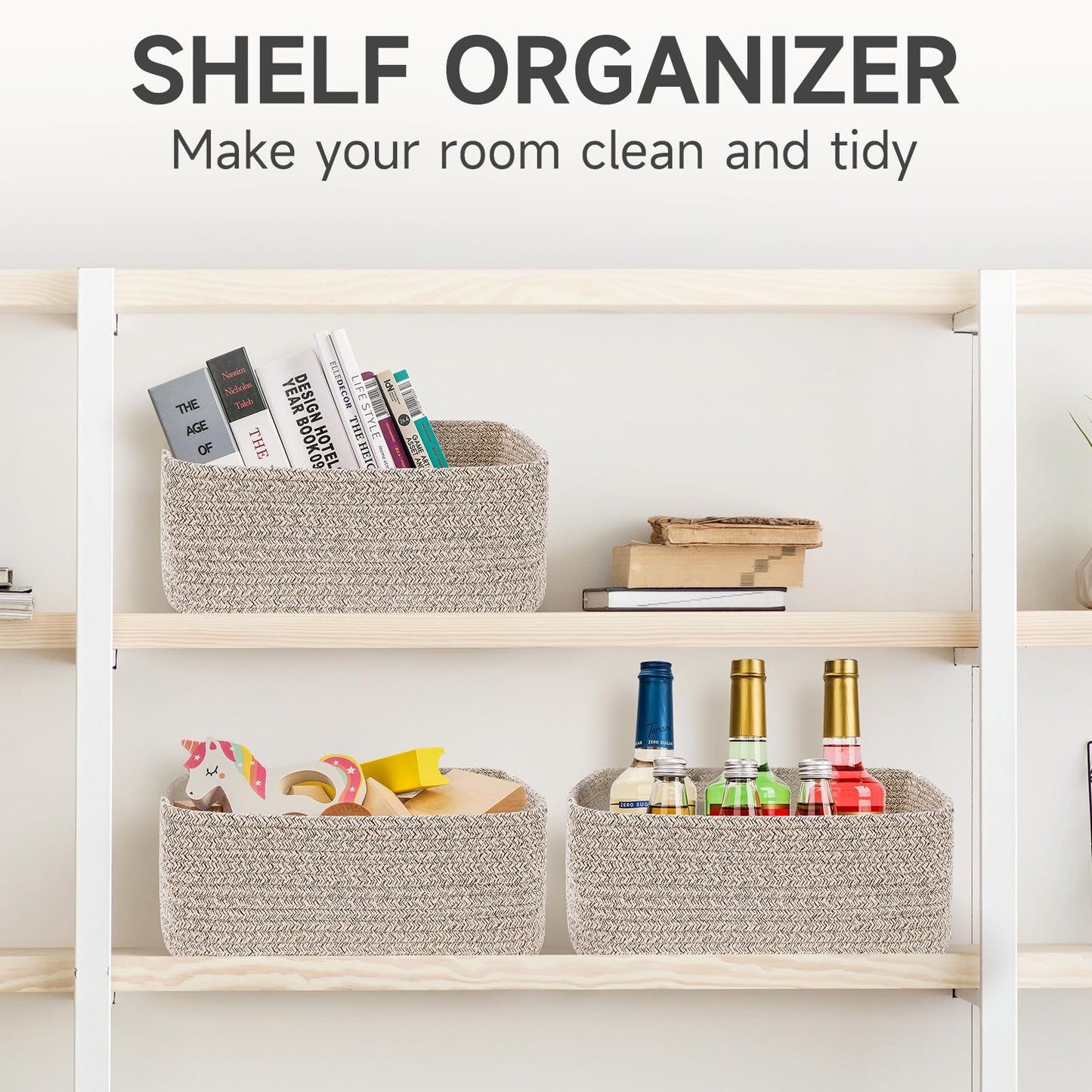 Maxuni 3-Pack Storage Baskets for Organizing | Woven Shelf Toy Basket | Rope Baskets for Gifts Empty | Closet Organizer Bins with Handles | Cube Decorative Box | 13.7×7.1×6.7” | Mixed brown