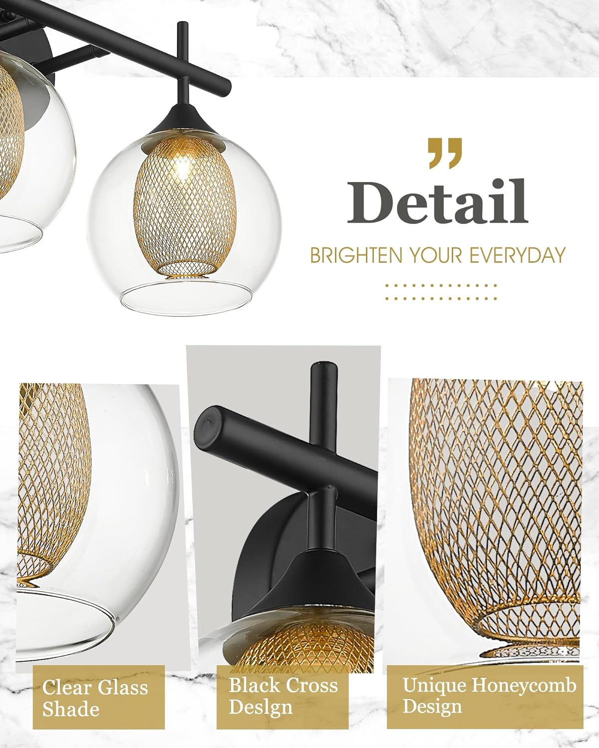 Bathroom Light Fixtures, 3-Light Black and Gold Vanity Lights Over Mirror, Farmhouse Wall Sconce Lighting with Clear Glass and Honeycomb Metal Shade, AD-22001-3W-BK