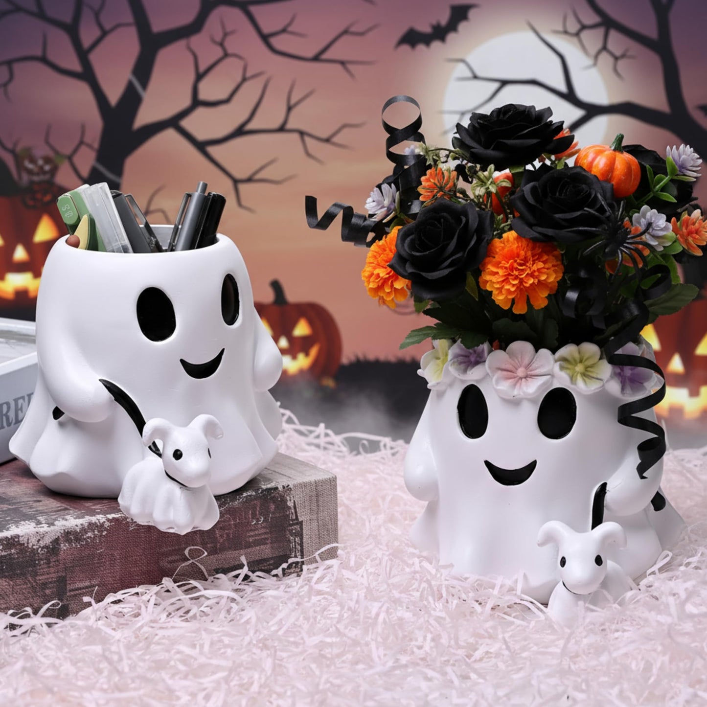 Chunful 2 Pcs 6 Inch Couple Ghost Pen Holder Ghost Buckets Desk Table Centerpieces Decor Resin Bucket Vase Planter Pot Gift for Indoor Outdoor Garden Home Table Decoration