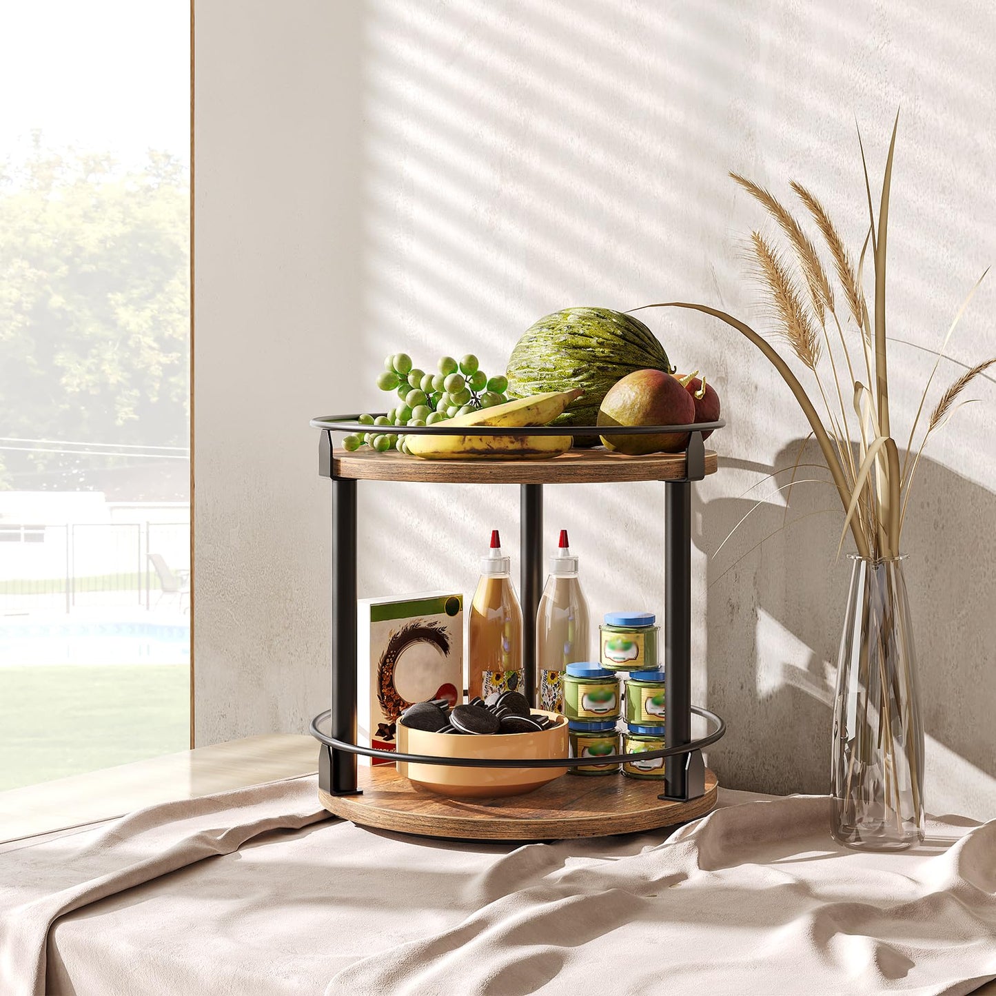 YATINEY Lazy Susan Organizer, Rotating Spice Rack, 2 Tier Spice Turntable Organizer, Industrial Turntable Spice Holder, for Kitchen Countertop and Cabinet, Compact and Versatile, Rustic Brown SR22BR