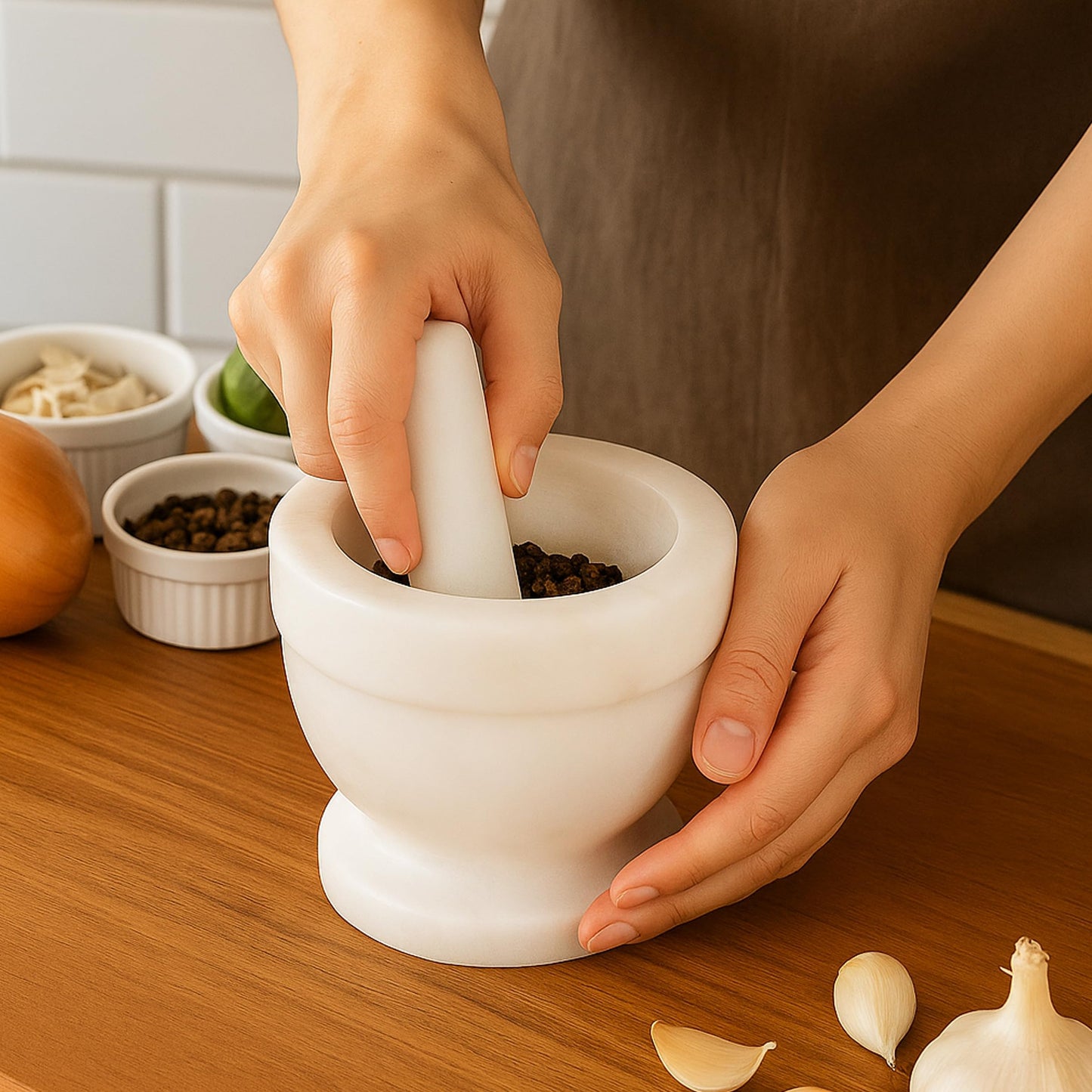Creative Home Handcrafted 4 inch Mortar and Pestle Solid Marble Grinder for Spices and Herbs Artisan Carved from Yushan Marble Elegant and Durable for Everyday Cooking, 4 Diam. x 4 H Inch
