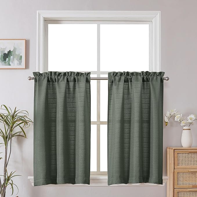 Chyhomenyc Olive Green Faux Linen Textured Small Cafe Curtains, Light Filtering, 30x30 Inch, 2PCS