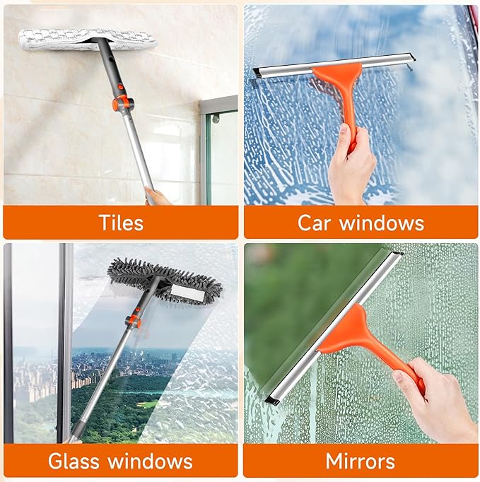Chabatree Window Squeegee Cleaner Set 2-in-1 Window Cleaning Tool with Extendable Pole, Window Cleaning kit with Bendable Head for Indoor & Outdoor Glass for Car Indoor Outdoor High Windows（Kit2.0）
