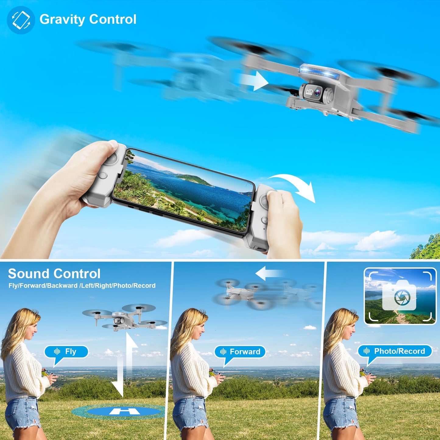 Drone with 1080P Camera - Foldable Remote Control Quadcopter with Gesture Control, 3D Flip, One Key Start, Emergency Stop, 2 Batteries, Easier to use, Toy for Adults Beginners, Grey