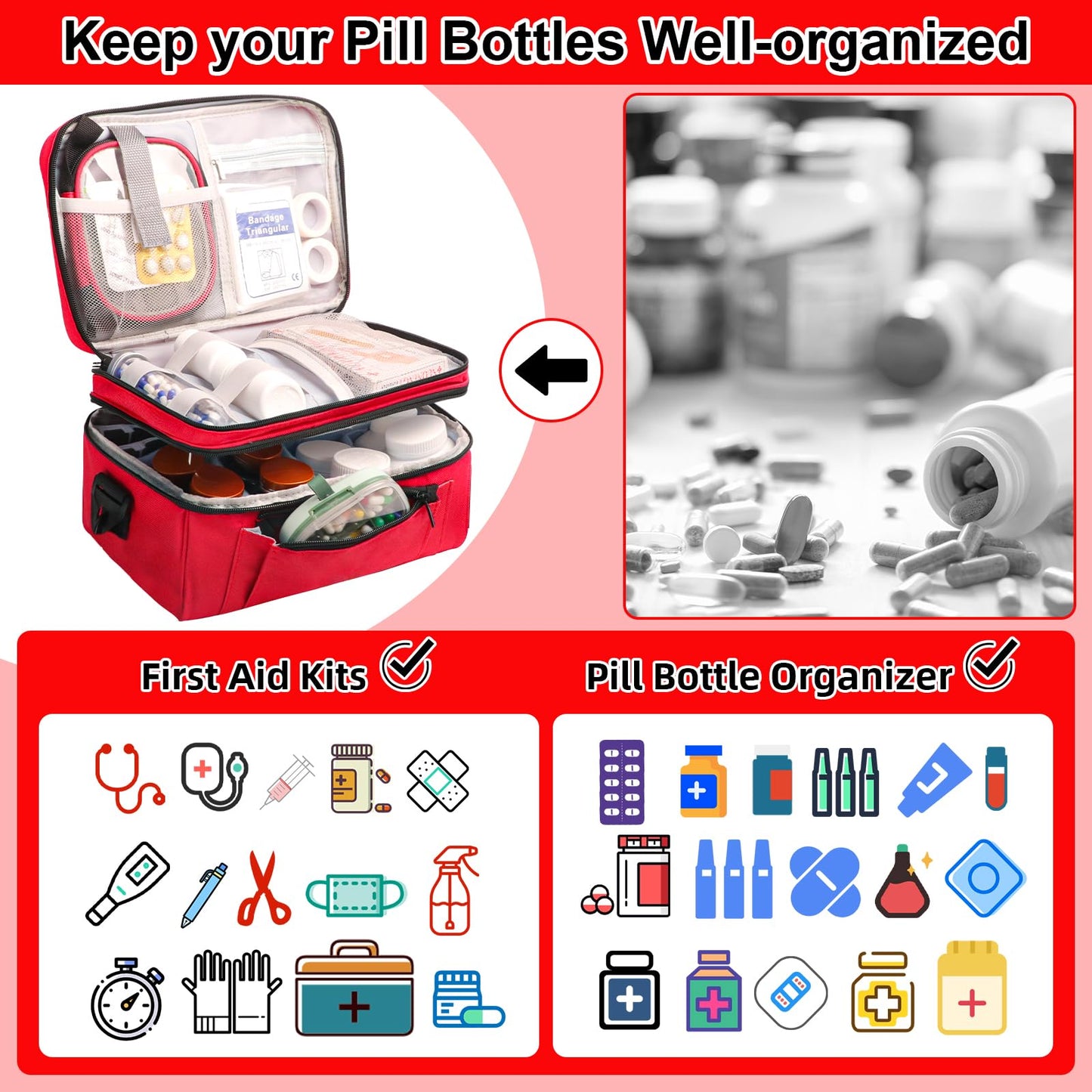 Tesuko Medicine Bag for Traveling with Portable Small Pouch, Double Layer Pill Bottle Organizer Storage Case with Lockable Zippers, Carrying Medication Travel Case with Shoulder Strap (Bag ONLY), Red