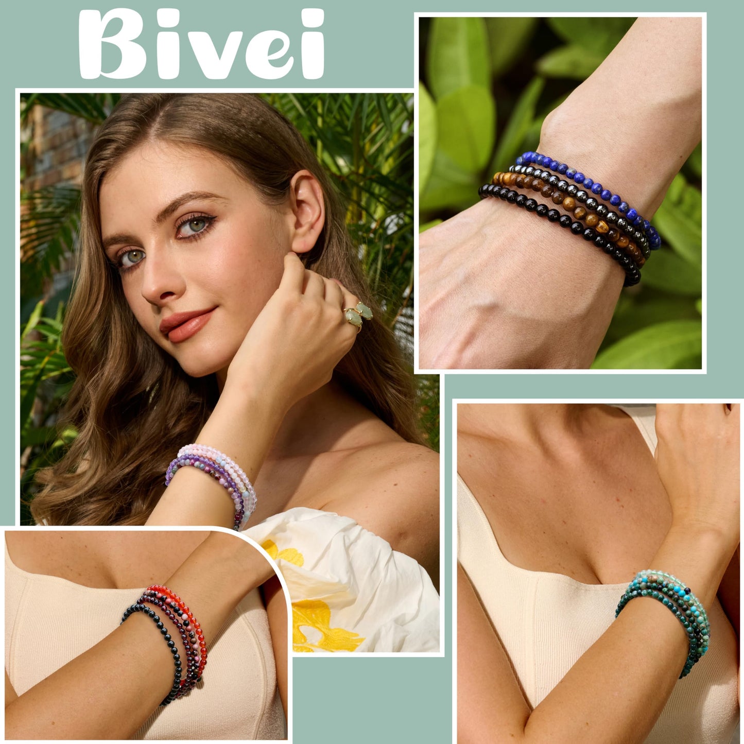 Bivei Labradorite - Protective - 4mm Beaded Bracelets for Women Handmade Semi Precious Natural Stone Stretch Elastic Jewelry Yoga Protection Gifts Small