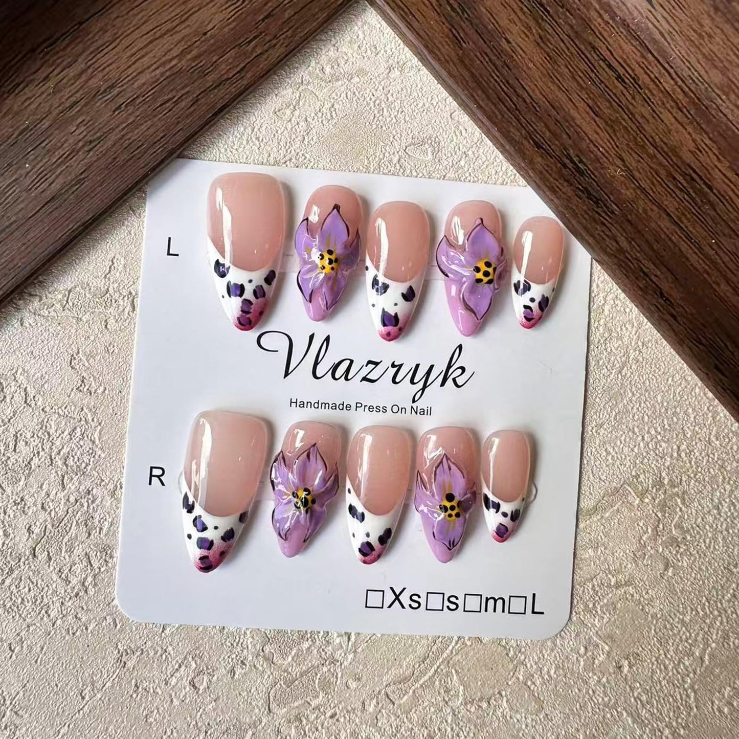 Luxury Handmade Press On Nails, Purple French Medium Almond with 3D Flowers, Winter & Autumn Gradient False Nails,Reusable Multi-Layer Post-Gel Acrylic Nails for Women .(M SIZE 10pcs)
