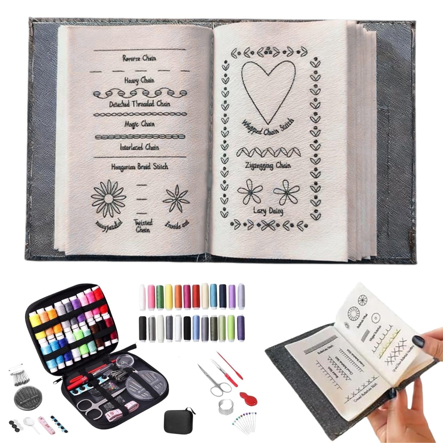 Embroidery Stitch Book Kit, Portable All Scenario Embroidery Stitch Book, Comes with Complete Toolkit and Examples, Embroidery Kit for Beginners and DIY Enthusiast