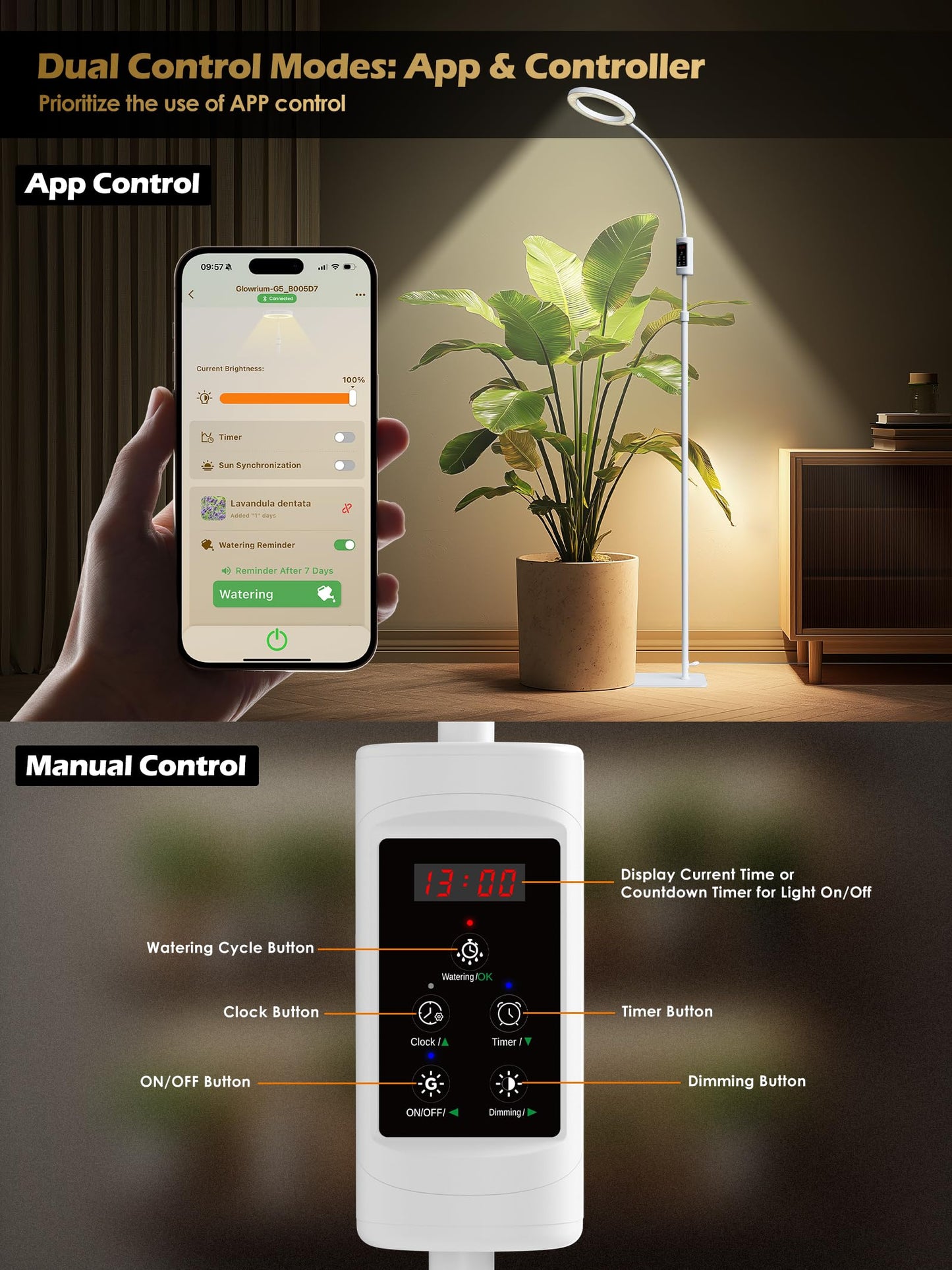 Smart Grow Lights for Indoor Plants, 24W Plant Light with Auto-Timer, Full Spectrum LED Grow Light, Adjustable Height & Stepless Dimming,Plant Assistant Suitable for Most Plants (White)