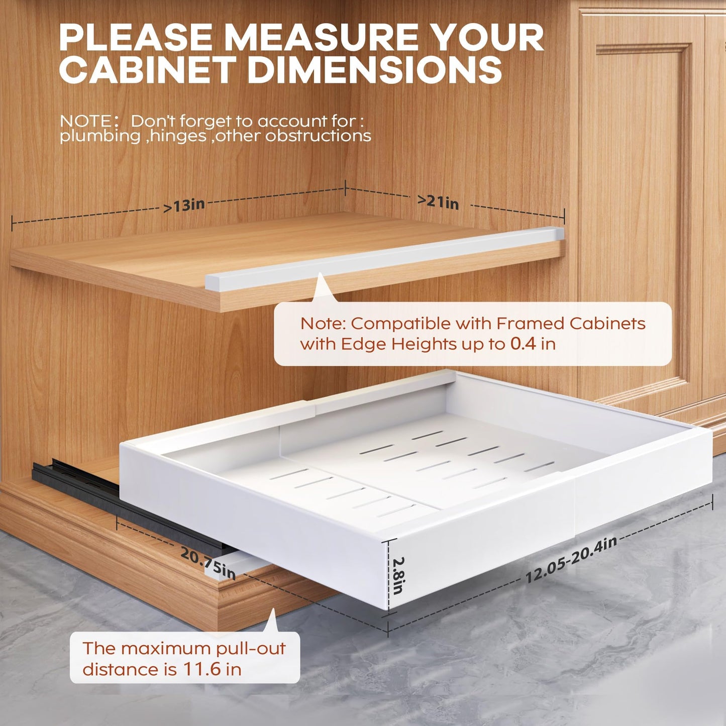 Seinloes 2Pack Expandable Pull Out Cabinet Organizer 21"Deep With Raising Pad for Framed Cabinets, Upgrade 3 Slide Rails Slide Out Drawers, Roll Out Shelves Adhesive,Adjustable Width 12.05"-20.4"White