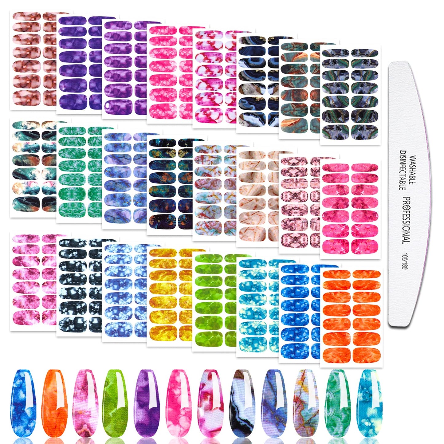 JERCLITY 24 Sheets Candy Gradient Color Marble Nail Polish Strips Stickers Adhesive Decals for Women DIY Art Manicure Kit