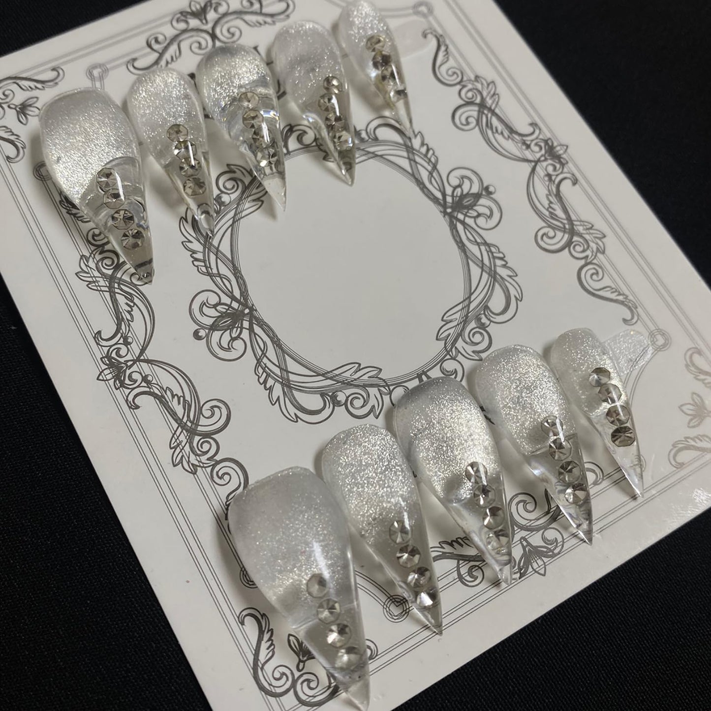Luxury Press on Nails Medium Stiletto Handmade Eagle Claw Unique Reusable ABS Material Fake Nails Cat Claw False Nails with Glitter Rhinestones Designs Glossy Glue on Nail Curved Thick Acrylic Nail(M)