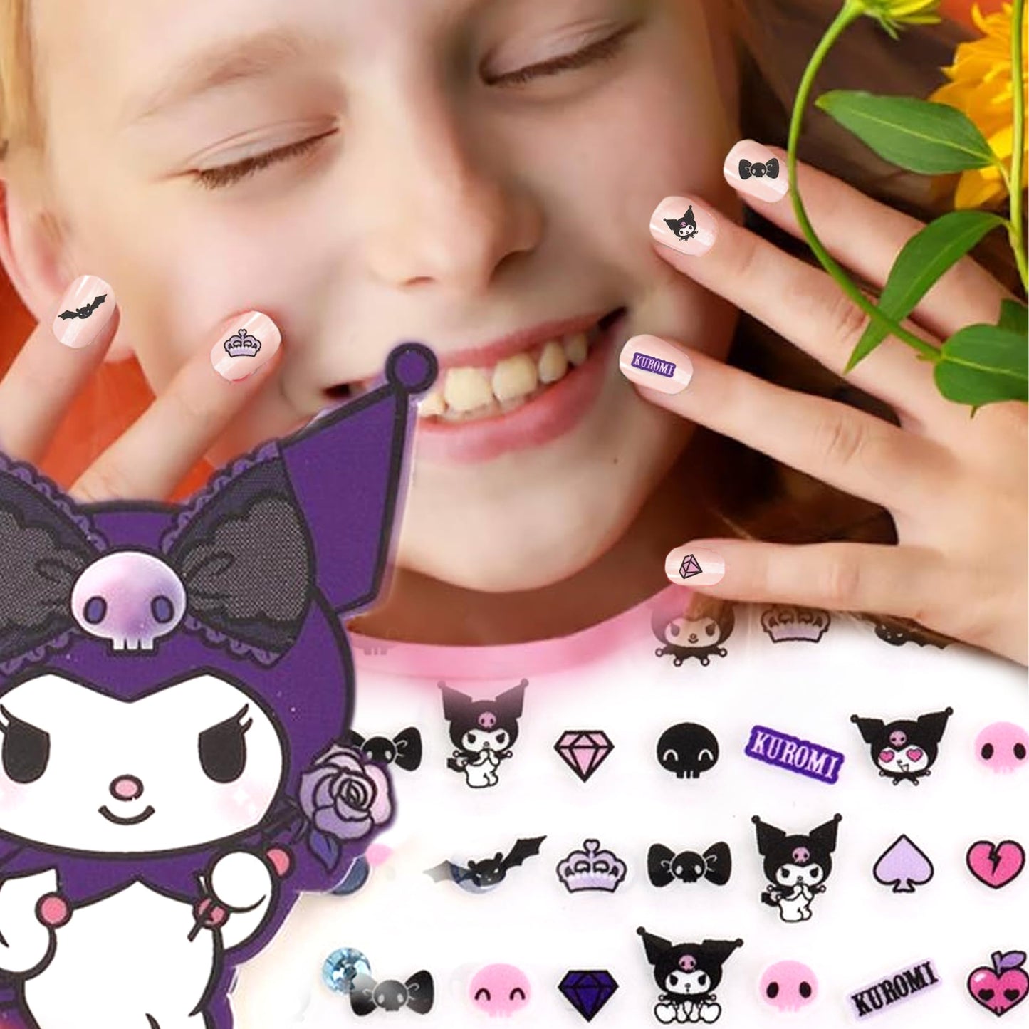 Kuromi Nail Stickers – 1 Sheet with 72 Stickers + 24 Rhinestones – Self-Adhesive Nail Art for Girls – Fun Activity & Gift Idea for Birthdays, Crafts, Party Bags and Playdates
