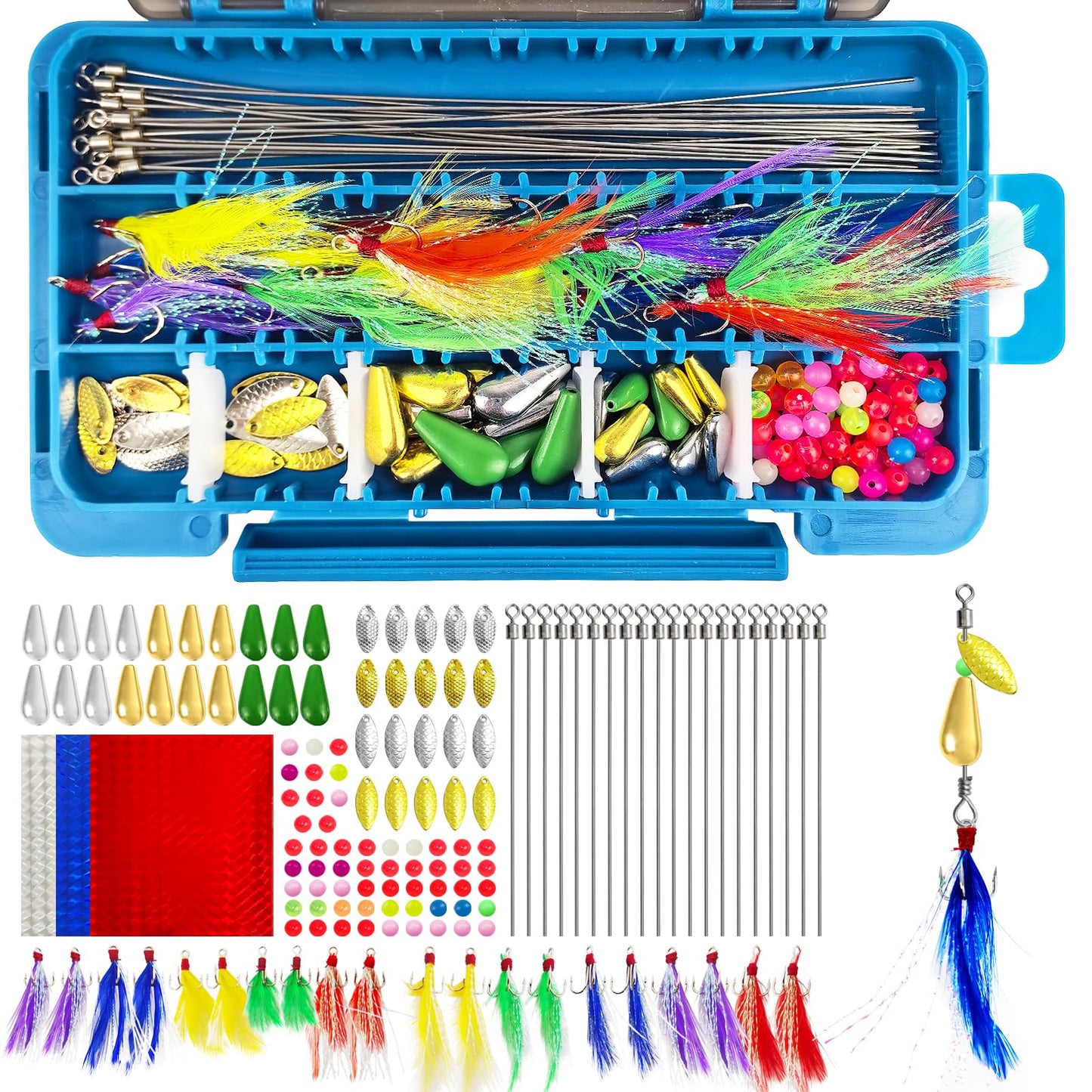 L PATTERN 140Pcs Spinner Making Kit - DIY Fishing Spinnerbait Kit with Spinner Blades, Spoons, Feather Treble Hooks, Spinner Shaft, Fishing Beads & Tackle Box for Bass Trout Perch Salmon