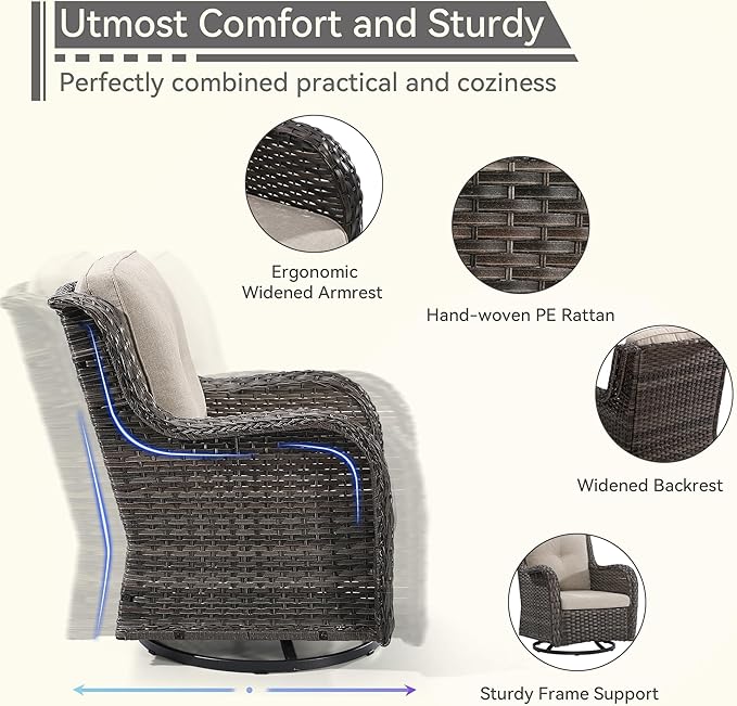 Outdoor Swivel Rocker Patio Chairs Set of 2 - Outdoor Wicker Patio Conversation Sets 2 Pieces with Olefin Fabric Cushions Suitable for Backyard Deck and Porch, Beige