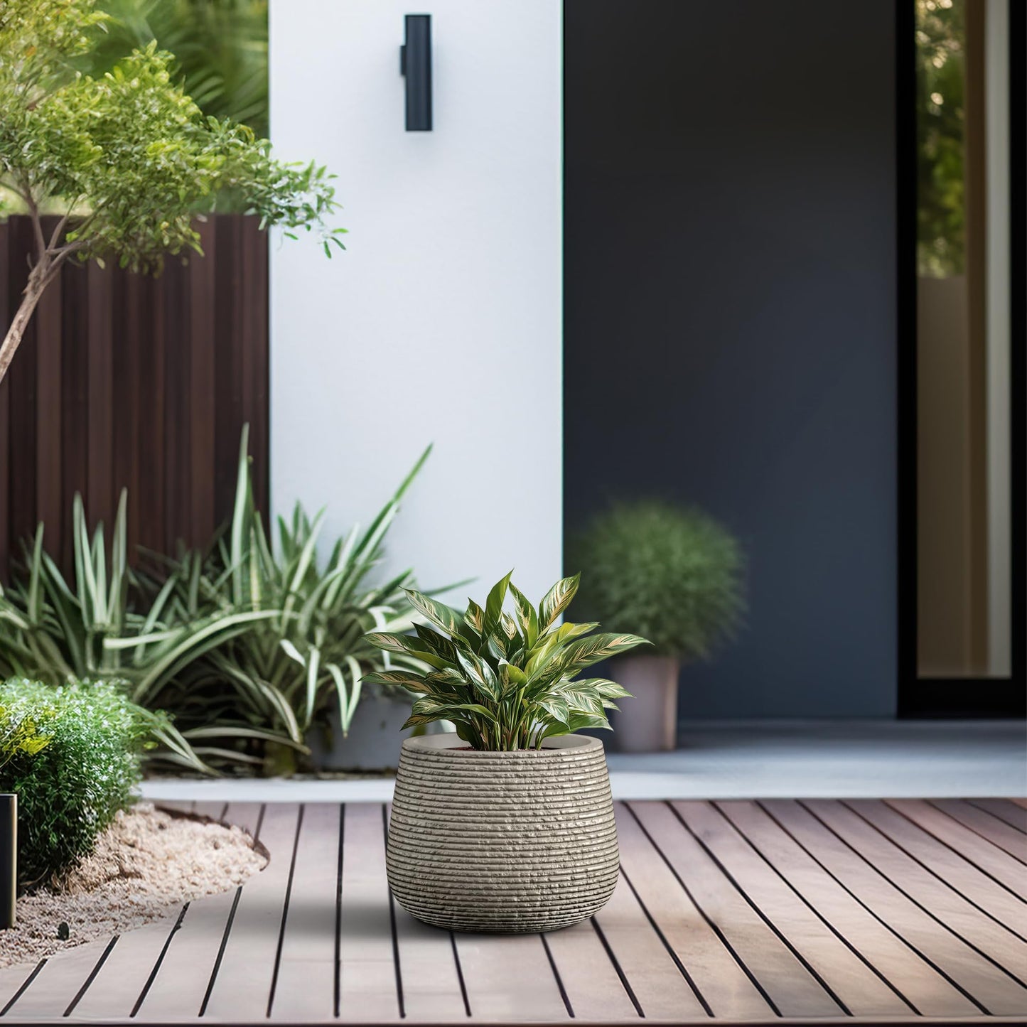 Kante 12.5" Dia Round Fluted Planter with Surface Indentations, Large Flower Pot with Drainage Hole for Indoor & Outdoor Plants, Weathered Concrete Finish with Painted Interior